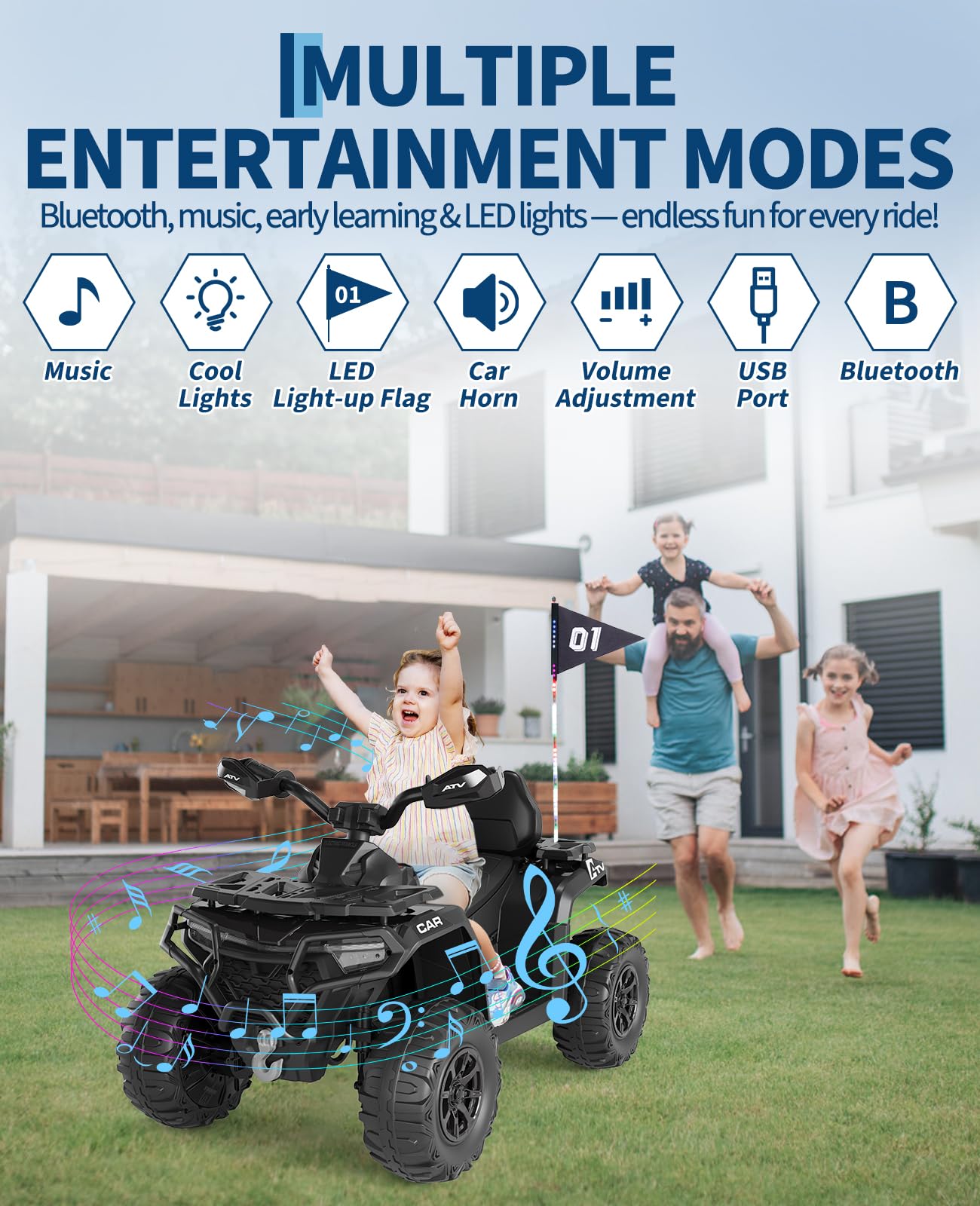 Multiple Entertainment Modes - Bluetooth, Music, USB & LED Light-up Flag
