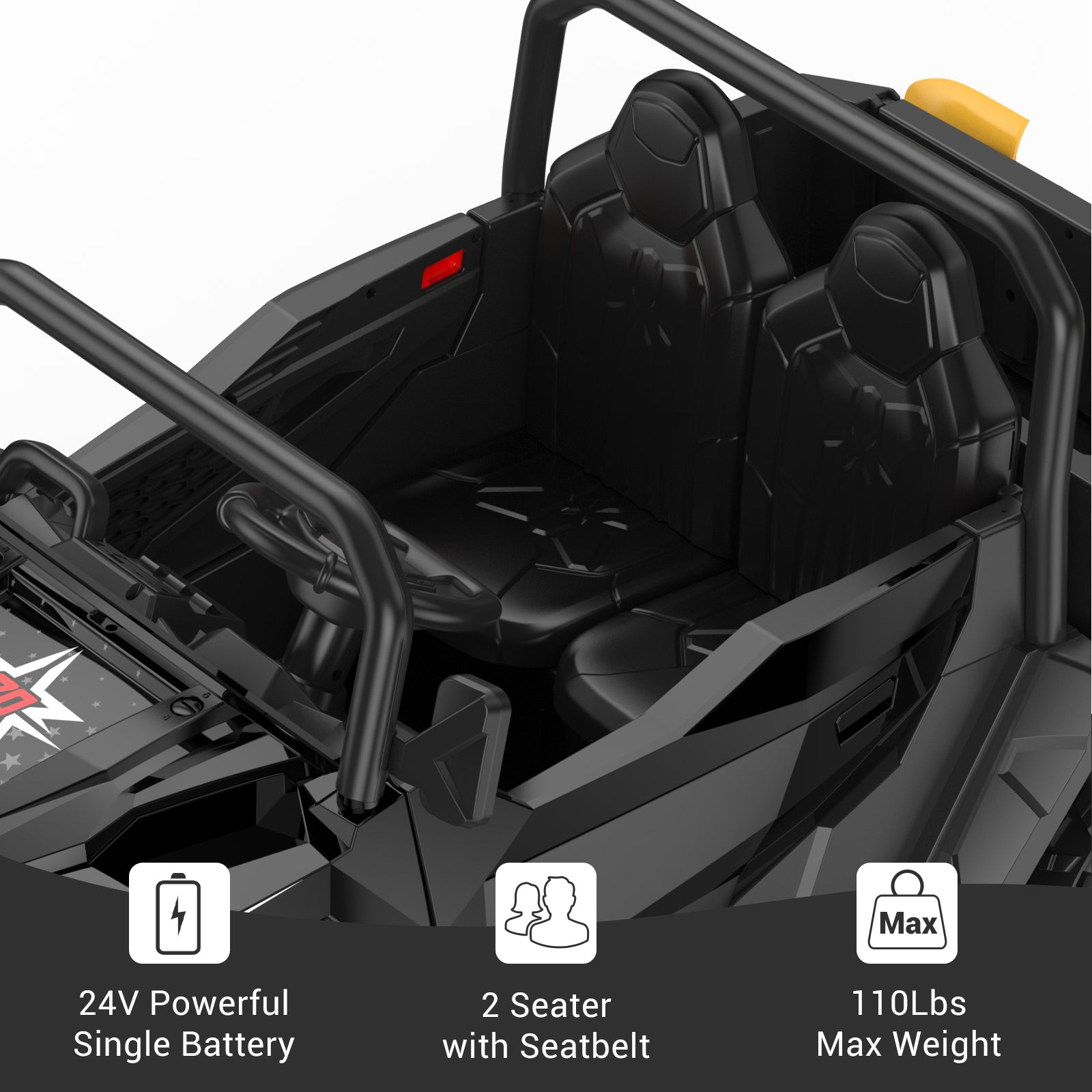 24V Powerful Single Battery, 2 Seater with Seatbelt, 110Lbs Max Weight - Black Cabin