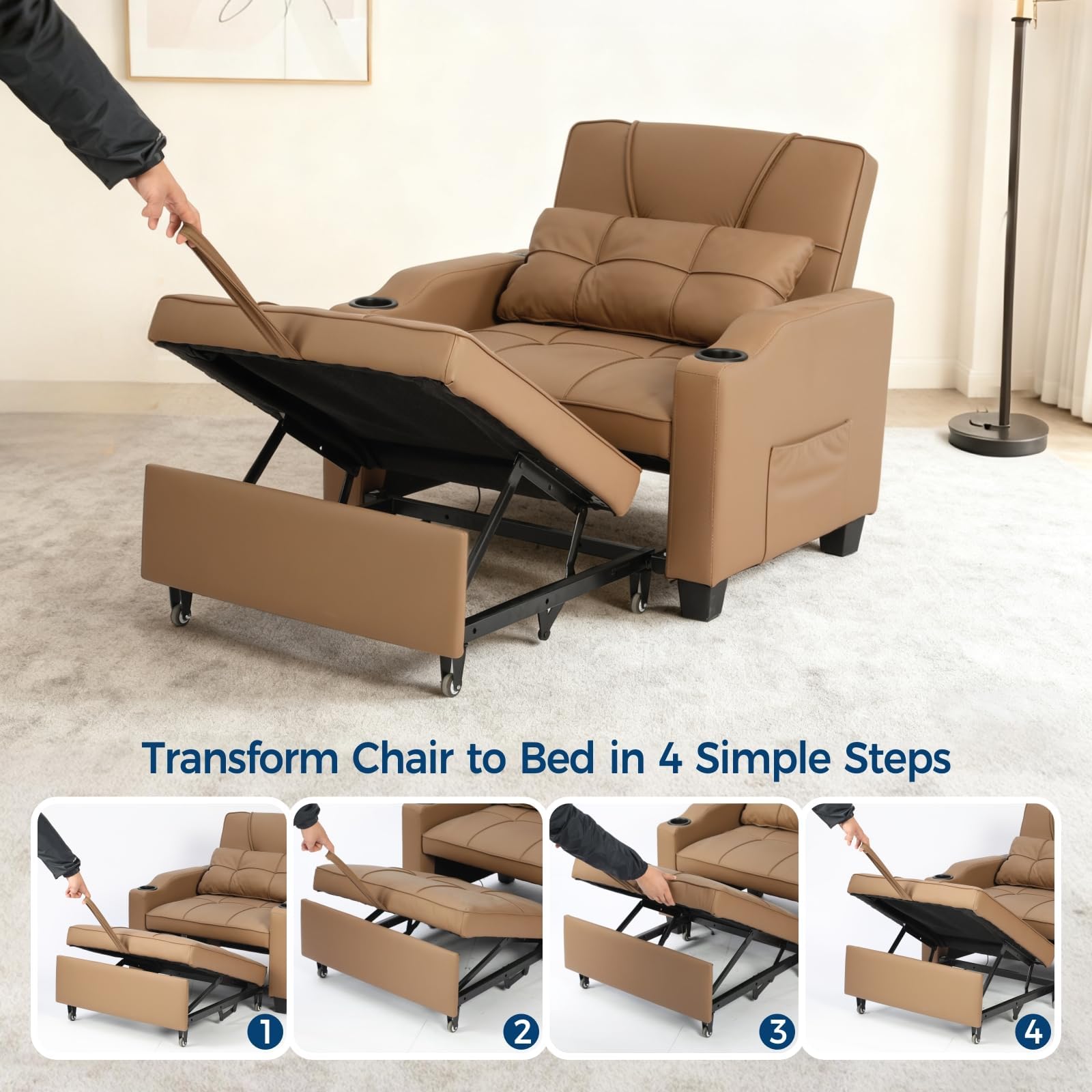 Transform Chair to Bed in 4 Simple Steps with Smooth Pull-out Rollers and Straps