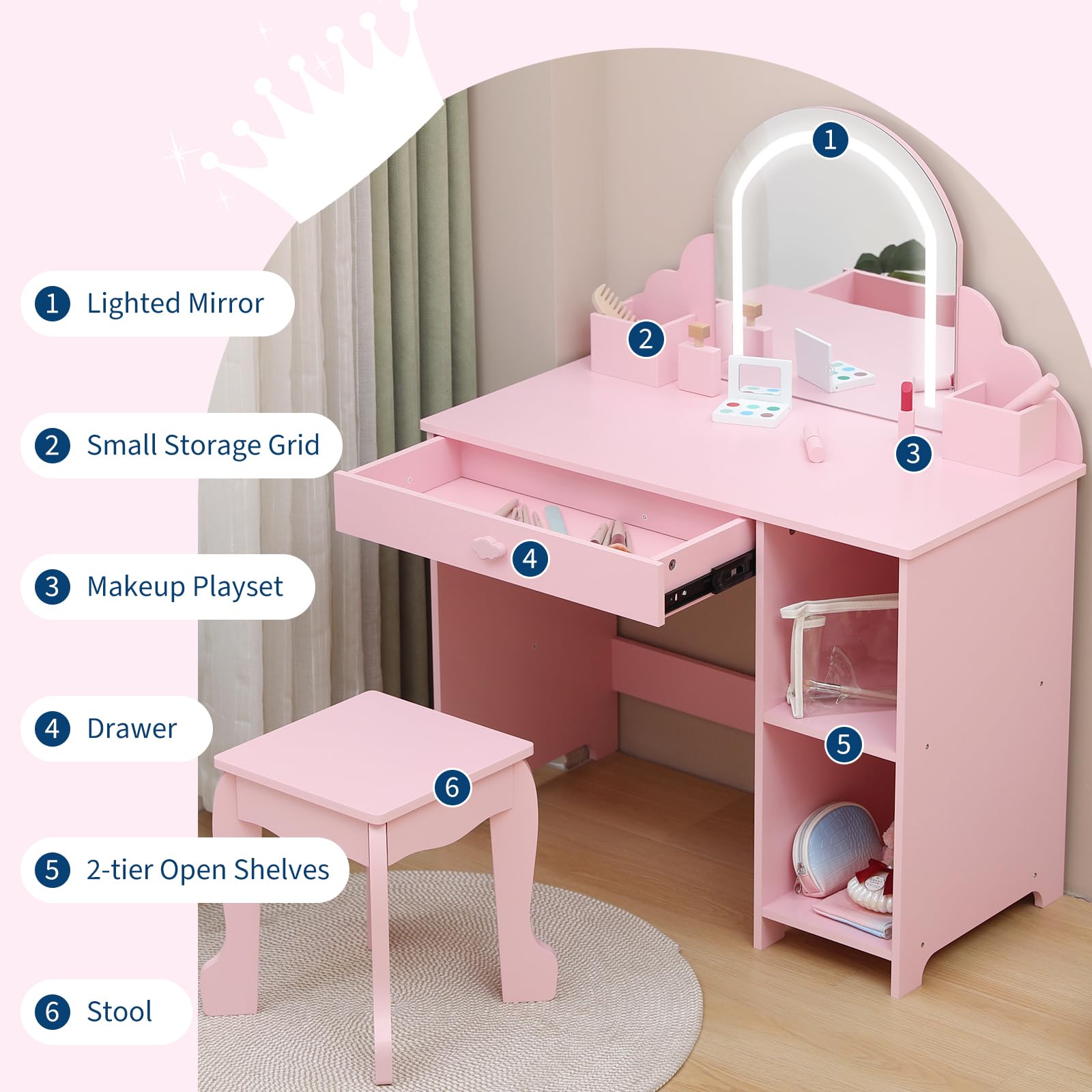 Comprehensive Vanity Storage: Lighted Mirror, Small Storage Grids, Makeup Playset, Sliding Drawer, 2-Tier Open Shelves, Matching Stool