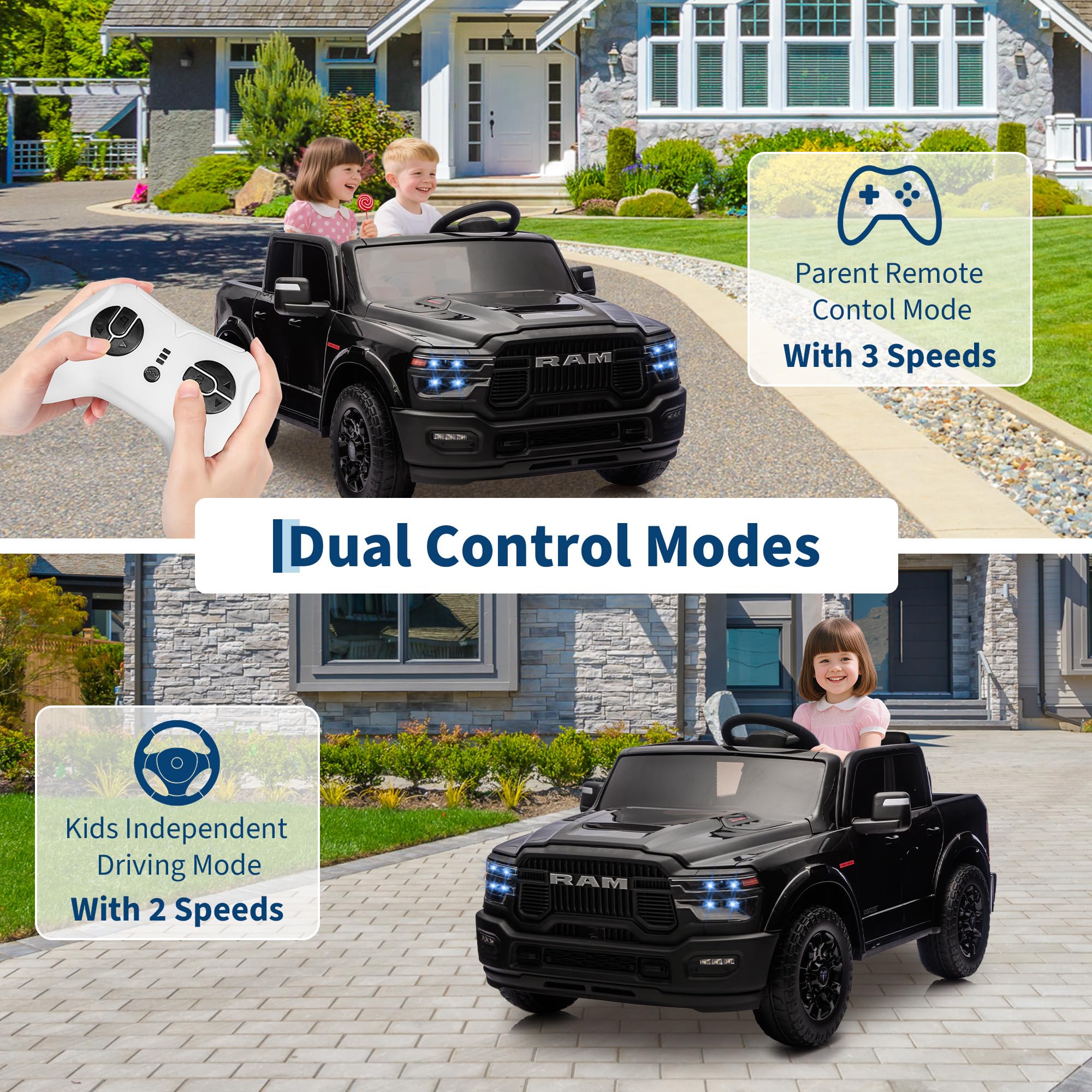 Dual Control Modes with Parent Remote Control Mode and Kids Independent Driving Mode