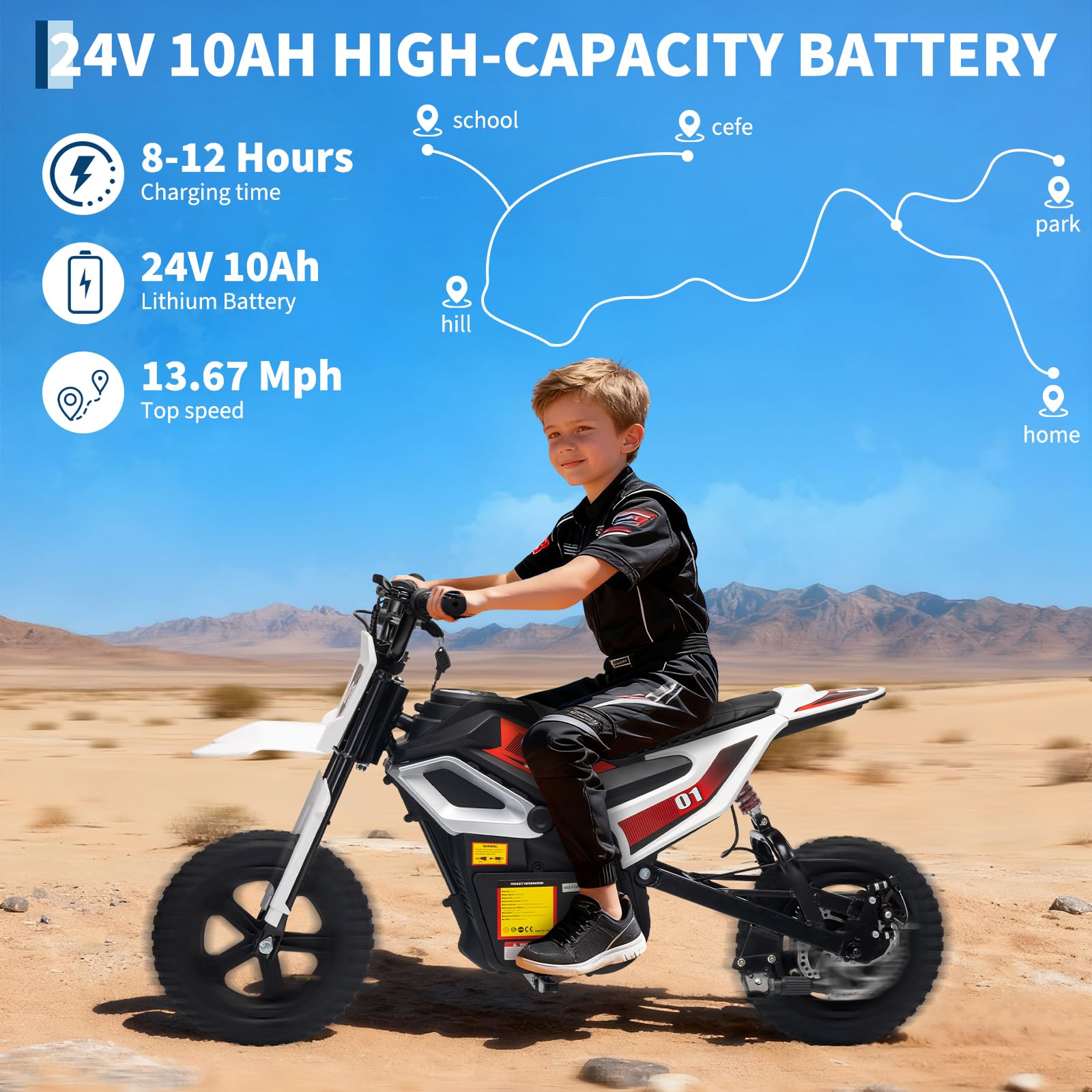 24V 10Ah High-Capacity Battery: 8-12 Hours Charging Time, 13.67 Mph Top Speed, Commuting Map