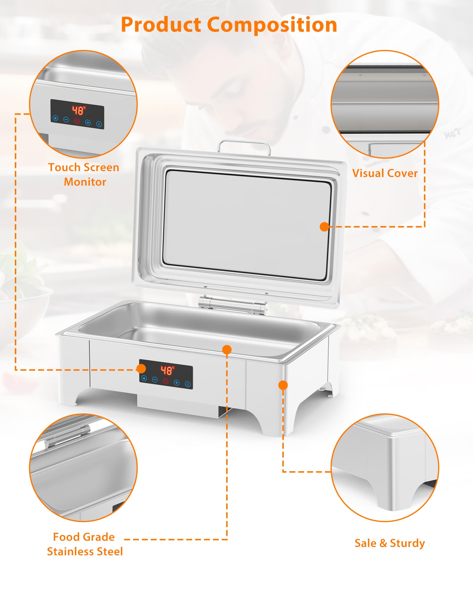 Electric Buffet Chafer Product Composition - Touch Screen Monitor, Visual Glass Cover, Food Grade Stainless Steel, Safe & Sturdy Base