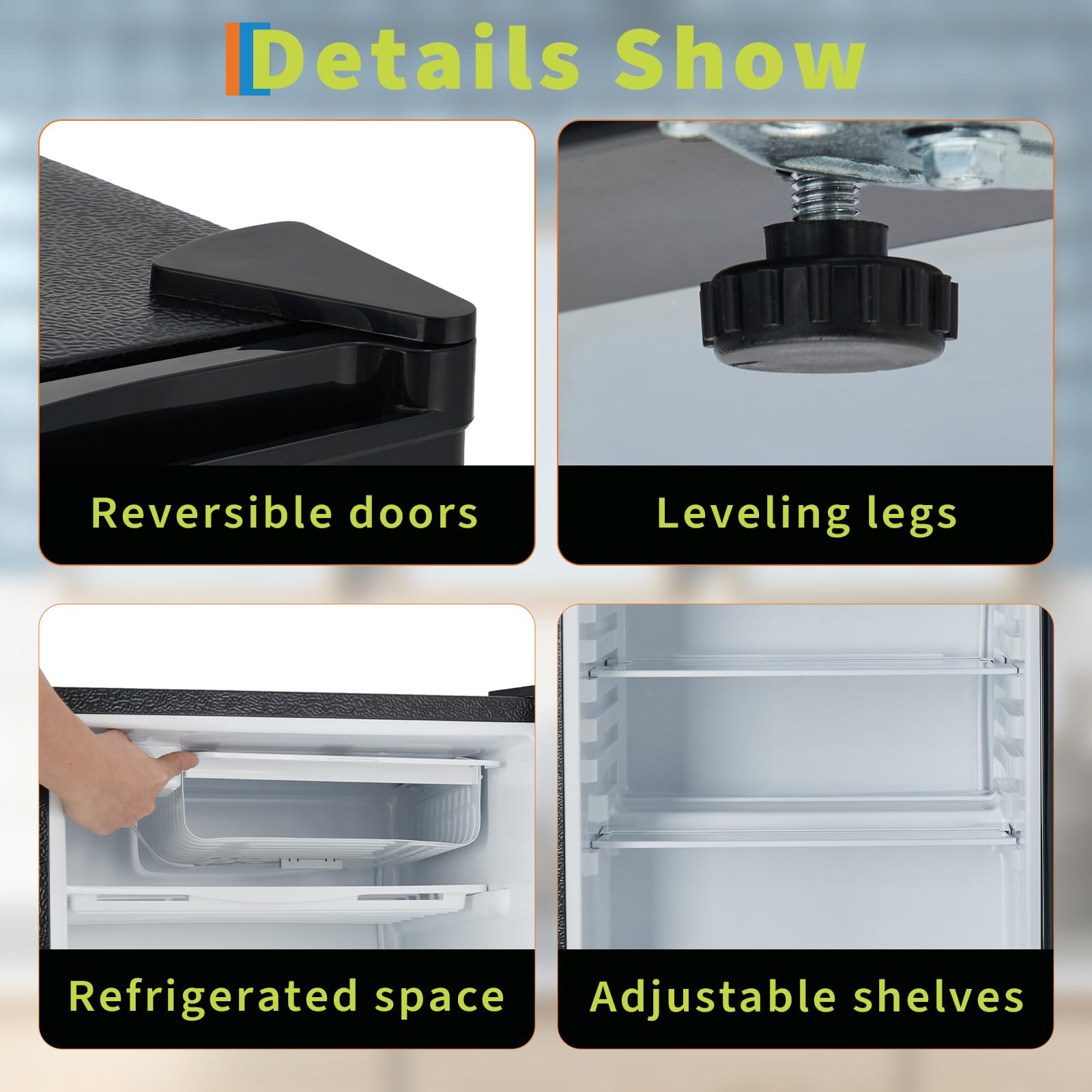 GARVEE Refrigerator details: Reversible doors, Leveling legs, Refrigerated space, Adjustable shelves