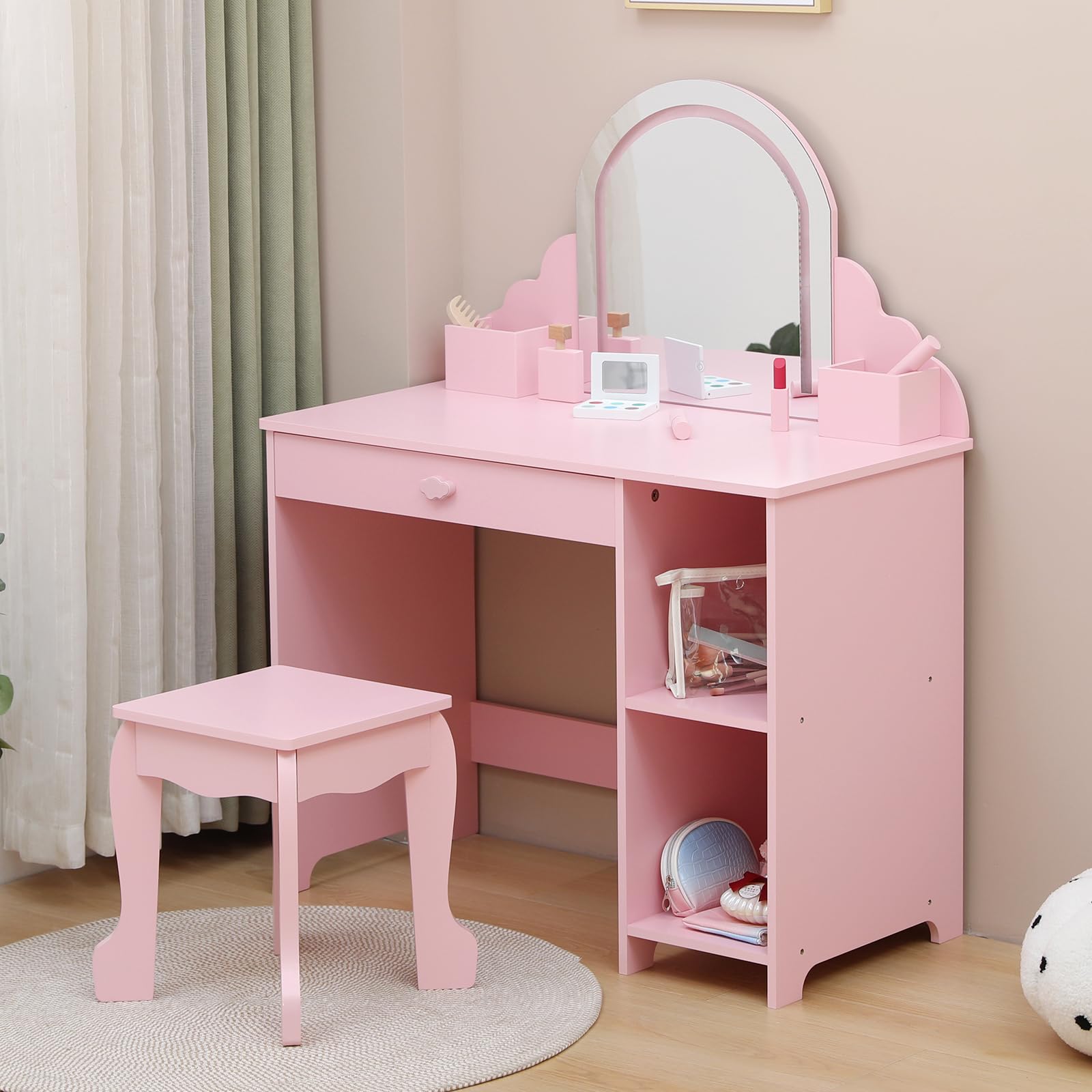 Pink Kids Vanity Dressing Table and Chair Set for Toddlers and Young Girls Bedroom