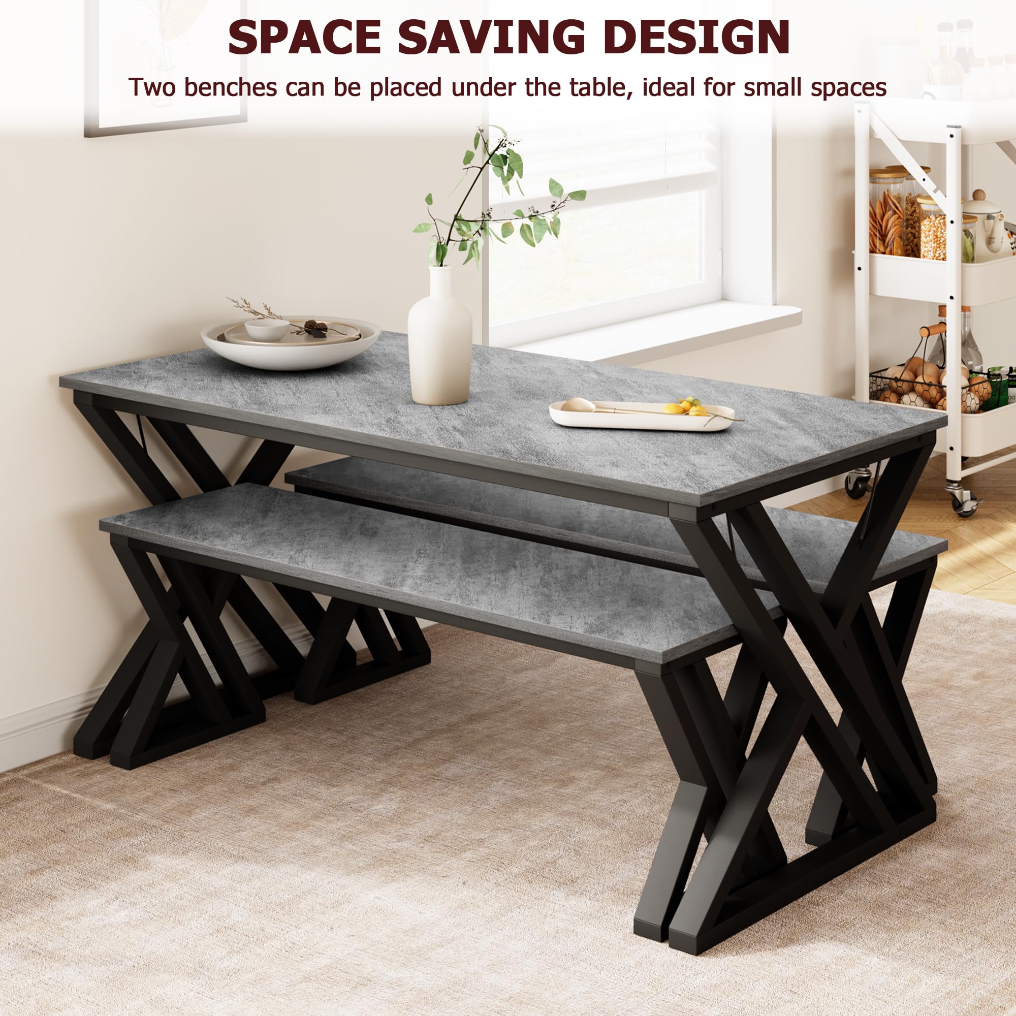 Space Saving Design - Two benches can be placed under the table, ideal for small spaces