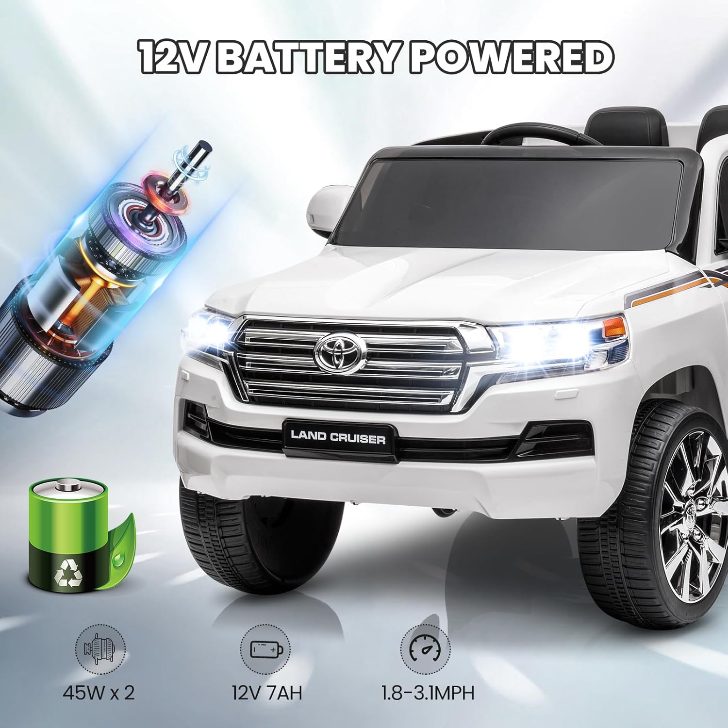 12V Battery Powered with 45W x 2 Motors and 1.8-3.1 MPH Variable Speed