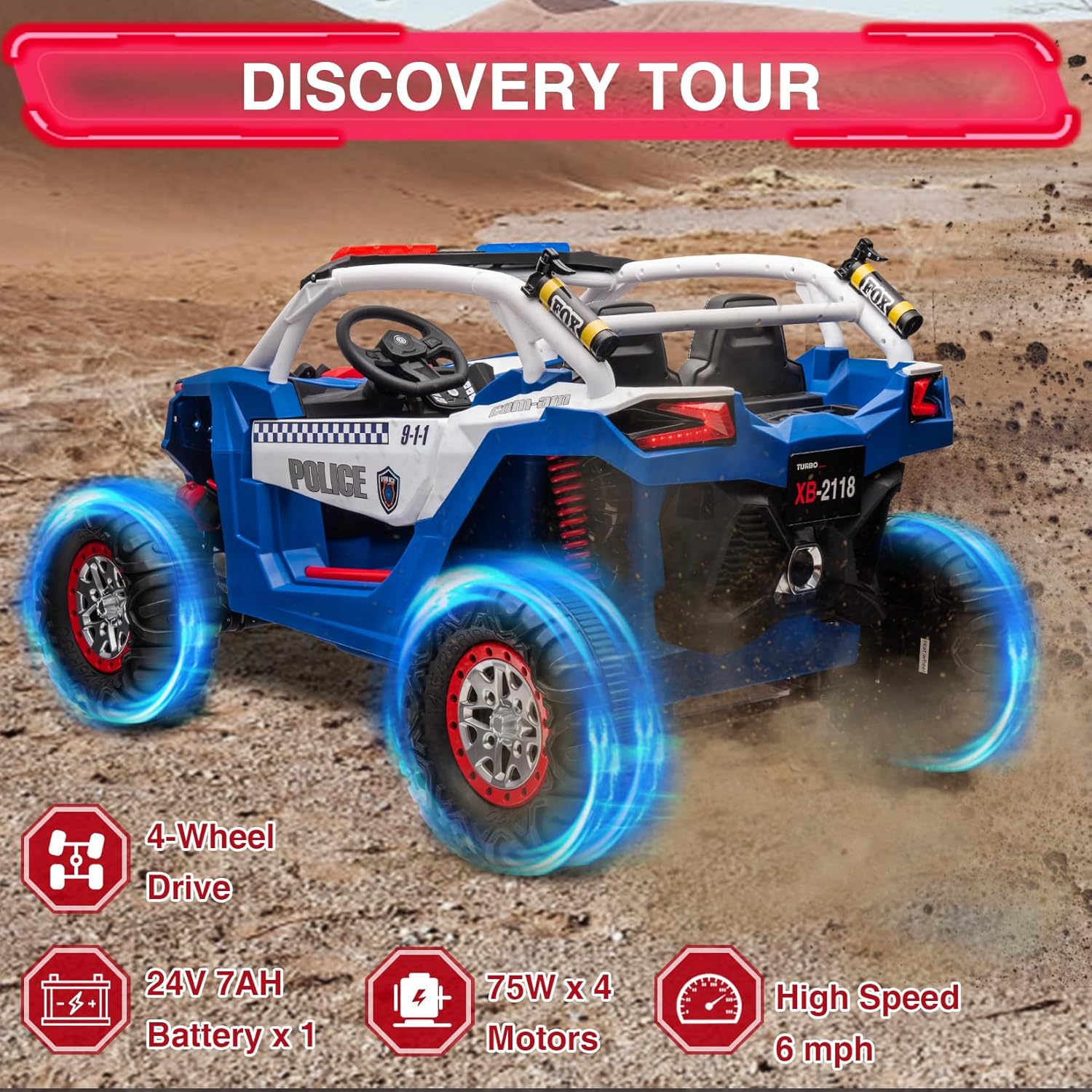 GARVEE 24V 4WD Kids Ride-On Police Buggy Blue Discovery Tour