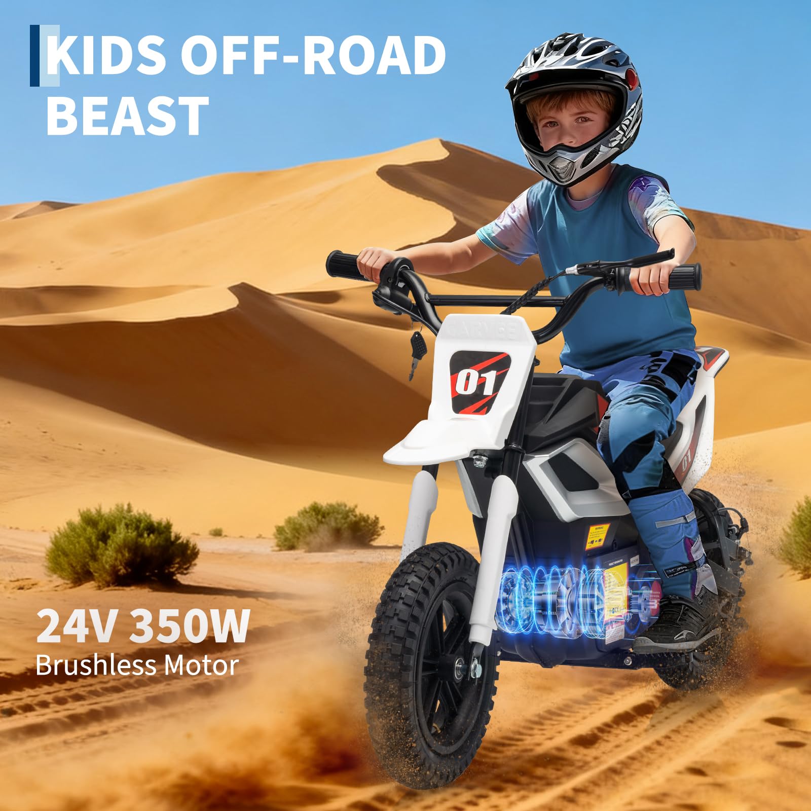 Kids Off-Road Beast with 24V 350W Brushless Motor Riding across Desert Sand