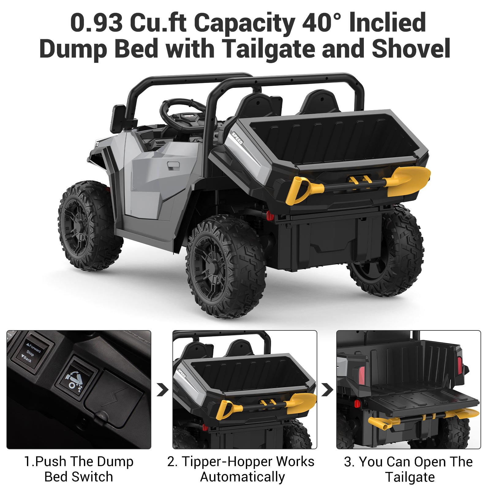 0.93 Cu.ft Capacity 40 Degree Inclined Dump Bed with Tailgate and Shovel