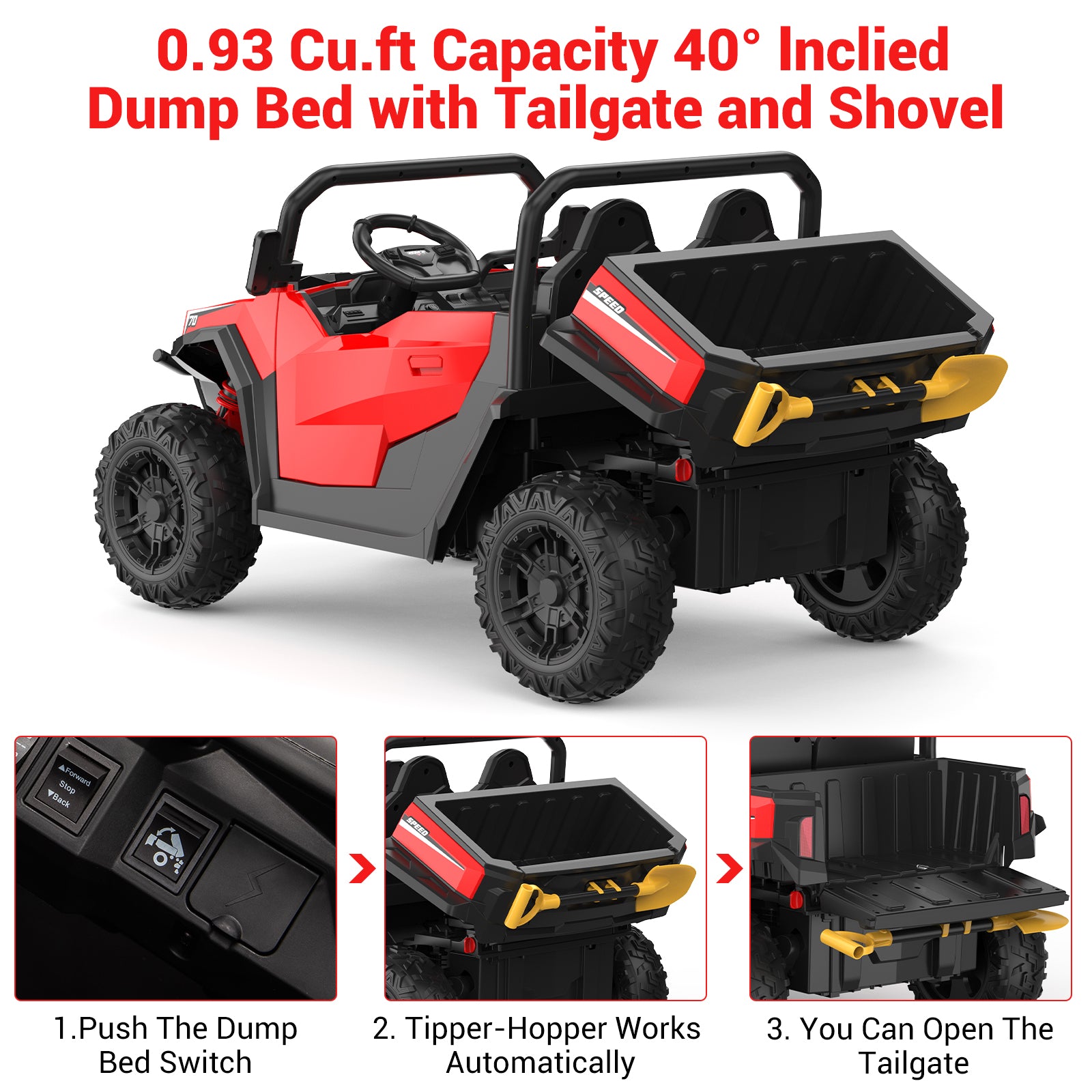 0.93 Cu.ft Capacity 40 Degree Inclined Dump Bed with Tailgate and Shovel