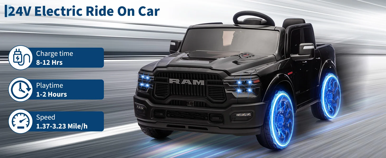 24V Electric Ride On Car Charge Time 8-12 Hrs, Playtime 1-2 Hours, Speed 1.37-3.23 Mile/h