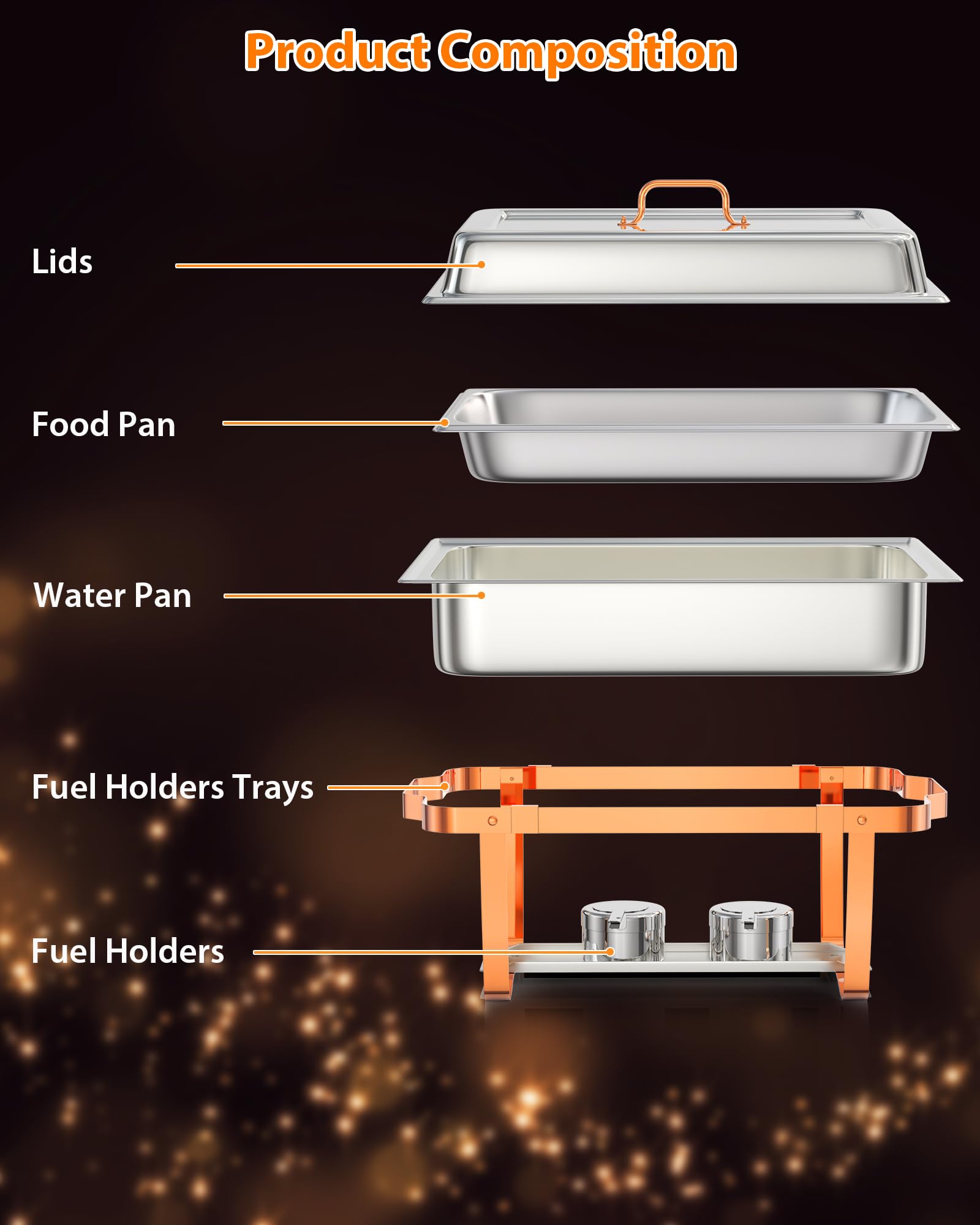 Commercial Chafing Dish Product Composition: Lids, Food Pan, Water Pan, Fuel Holders Trays, Fuel Holders