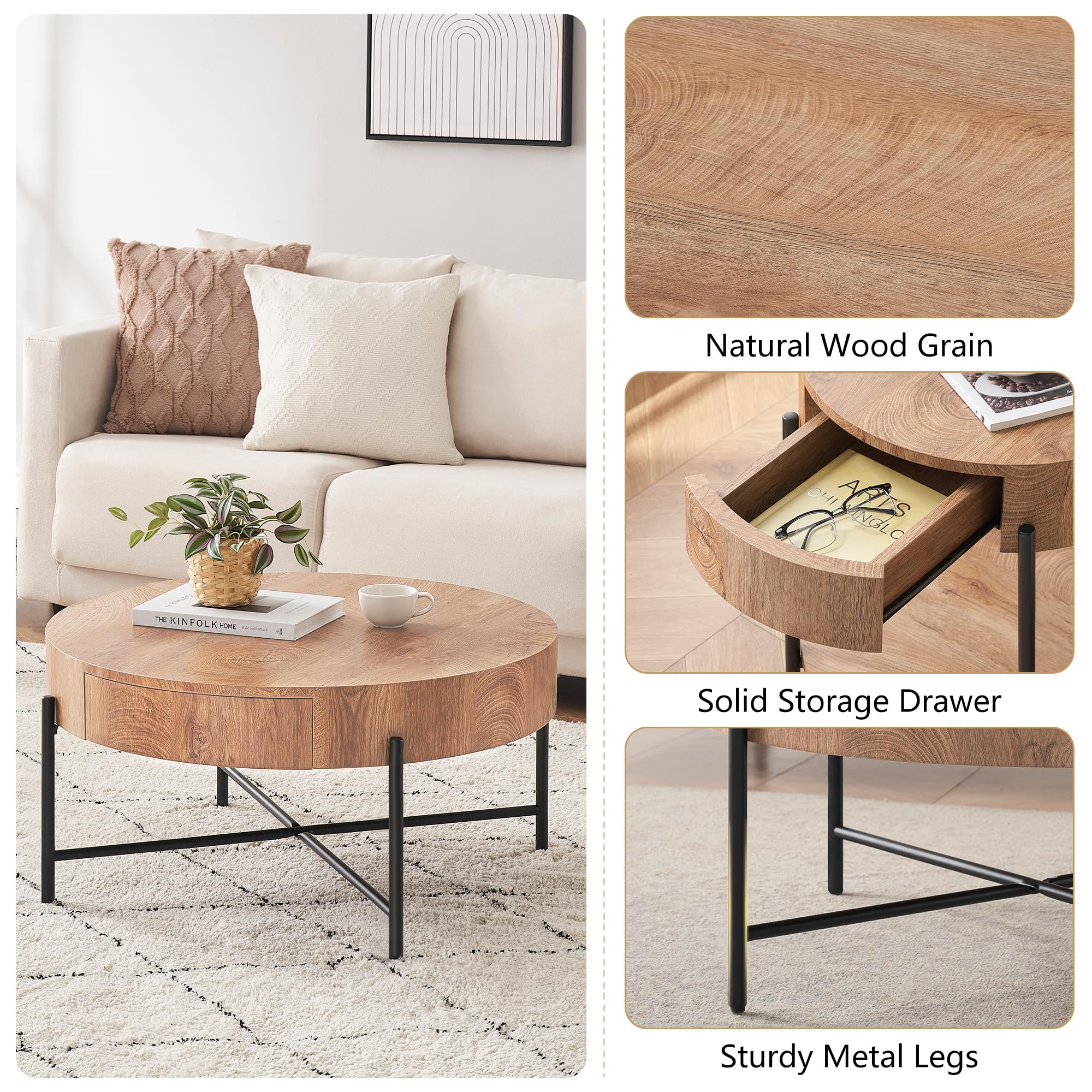 Natural Wood Grain Finish, Solid Smooth Storage Drawer, and Sturdy Metal Legs with Floor Protectors