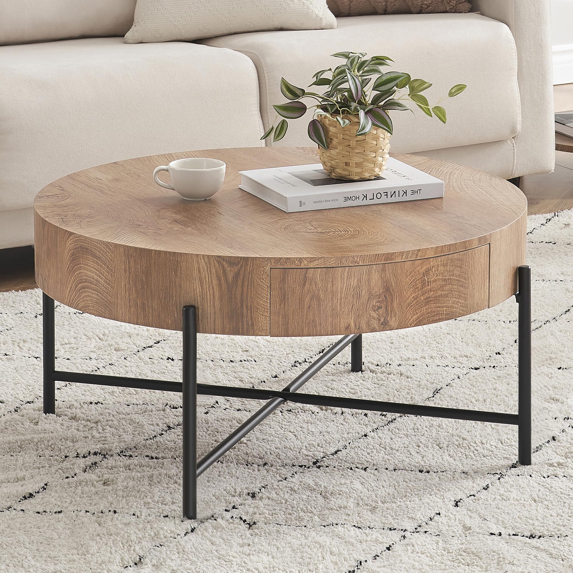 Modern Rustic Center Coffee Table with Plant and Coffee Setup in Bright Living Room