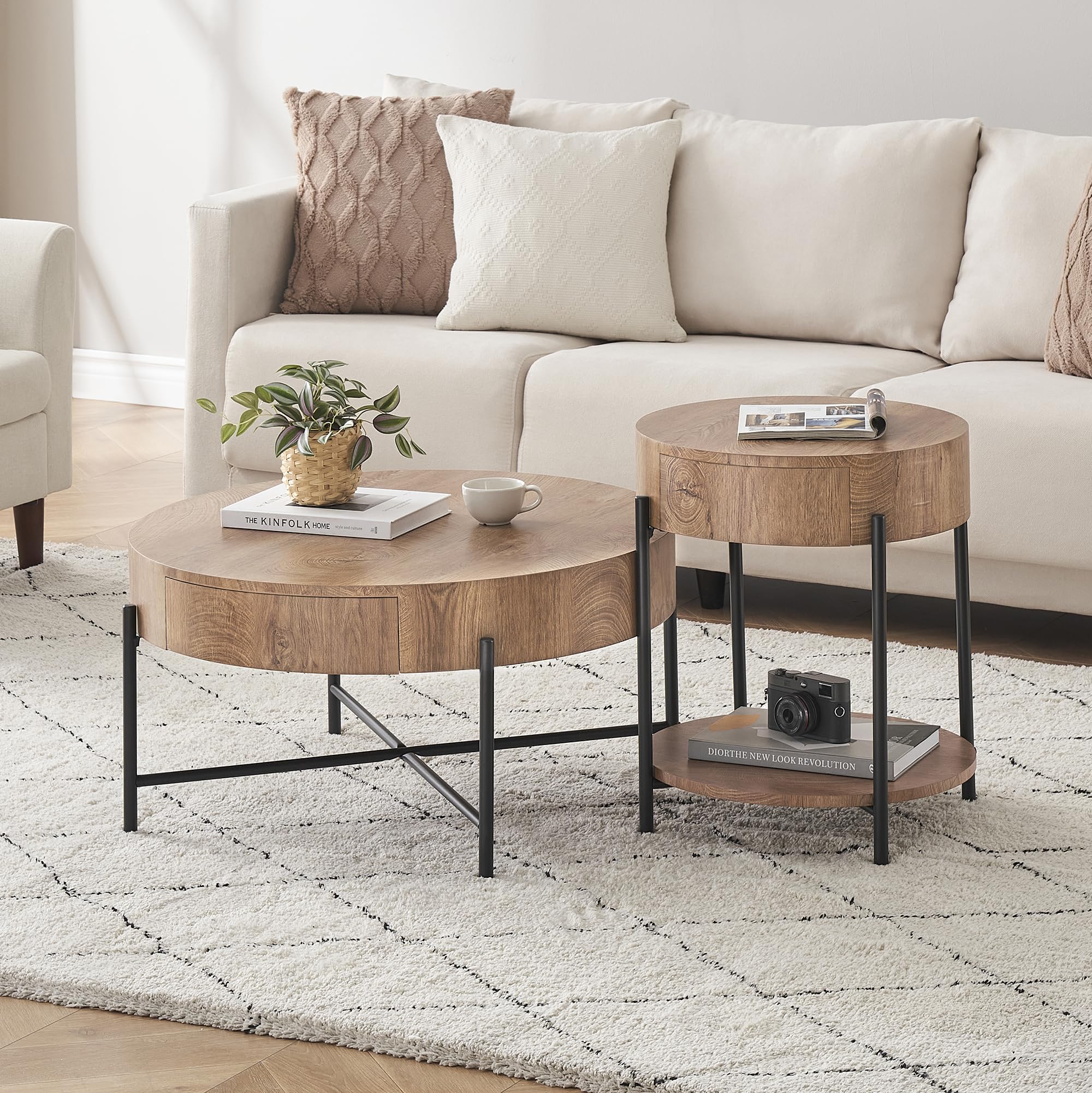 GARVEE 31.9 Inch Round Wood Coffee Table with 2 Storage Drawers - PHO_34Y5J9WS