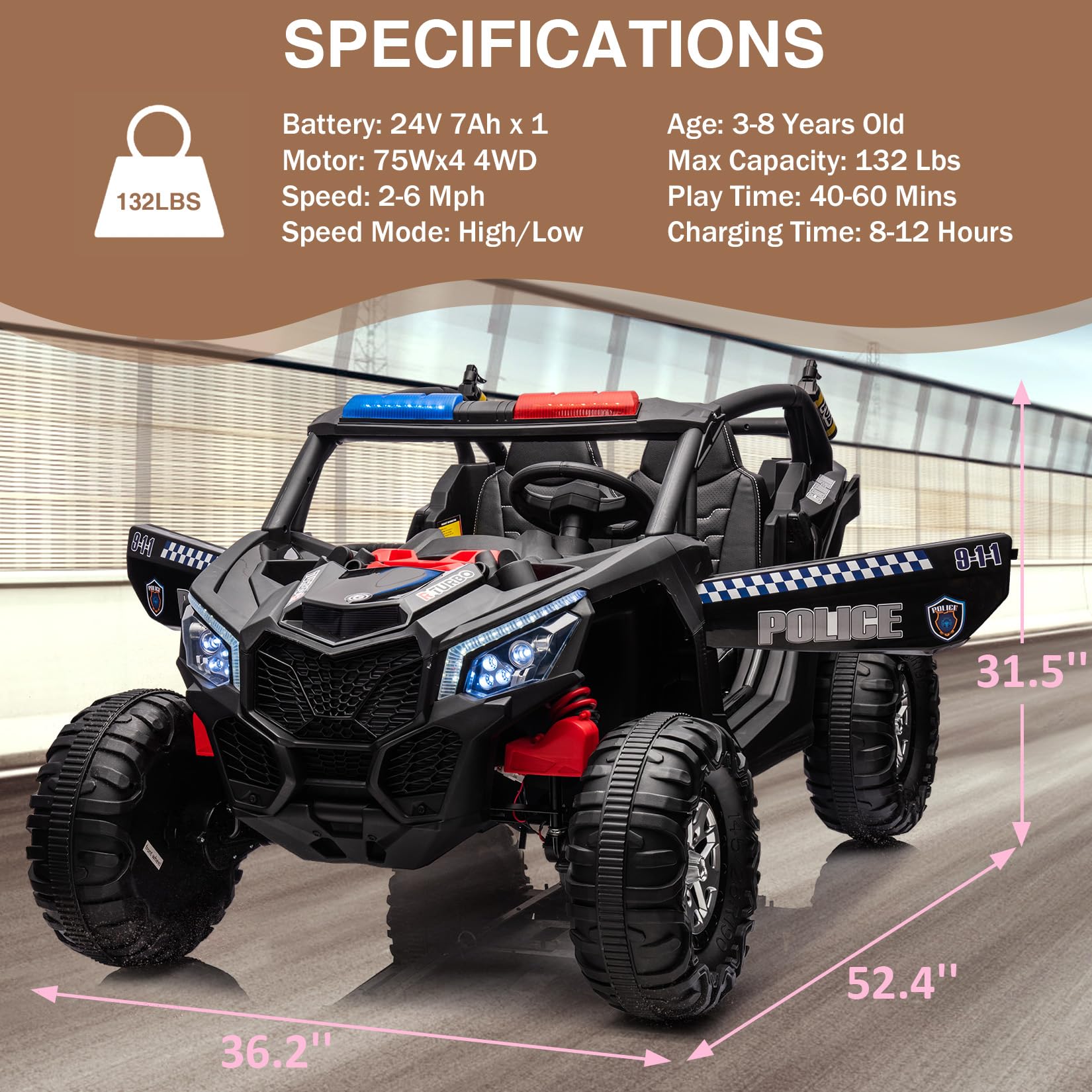 GARVEE 24V Ride On Car Dimensions and Capacity Specifications