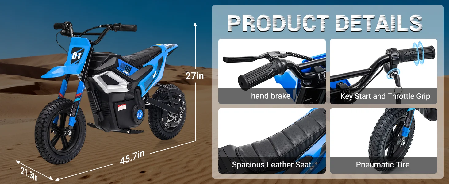 Electric Dirt Bike Details Hand Brake, Key Start, Throttle Grip, Leather Seat, Pneumatic Tire