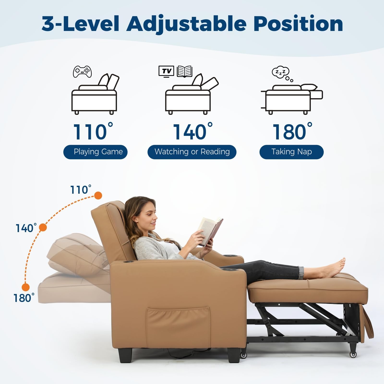 3-Level Adjustable Backrest Position: 110 Degree Gaming, 140 Degree Reading, 180 Degree Napping