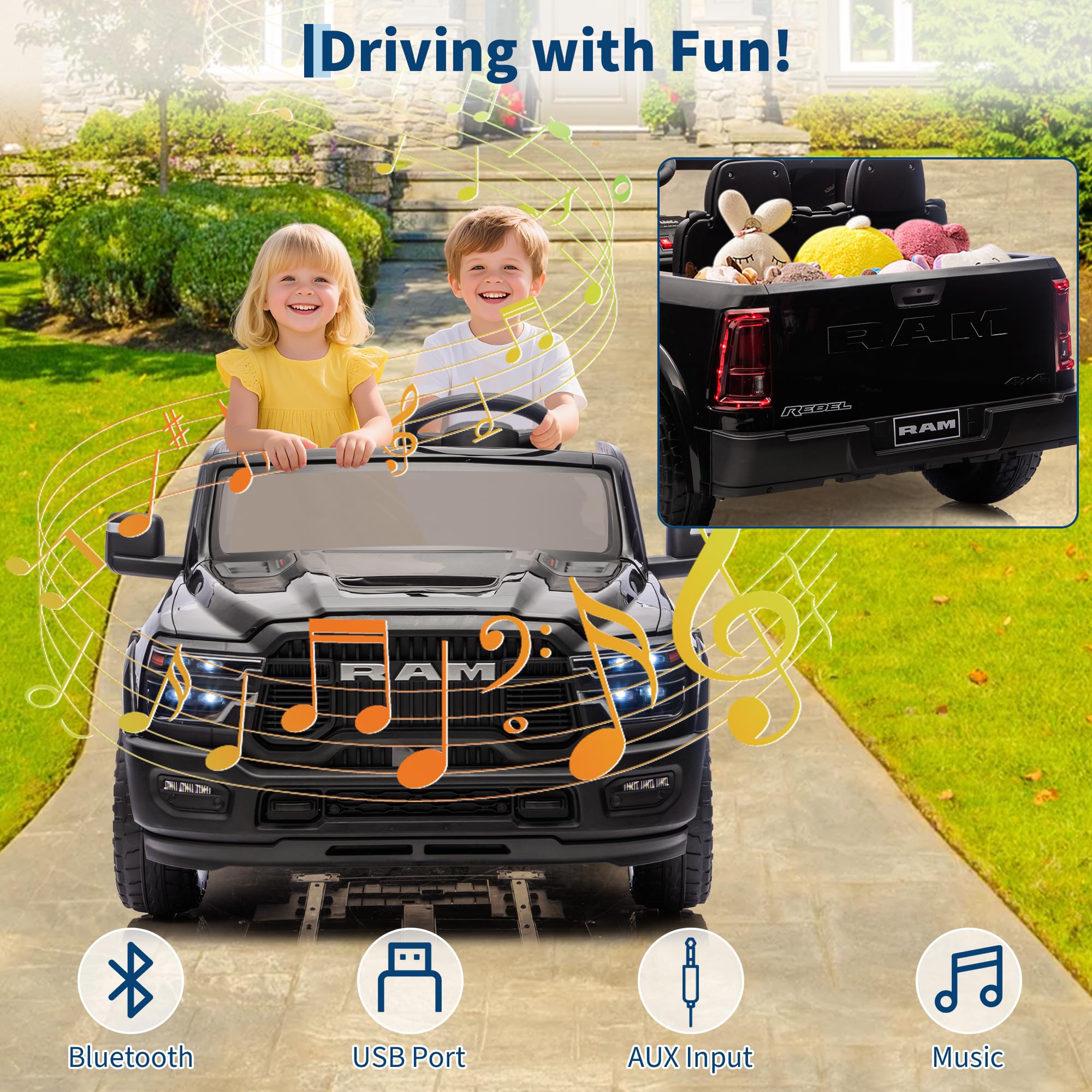 Driving with Fun featuring Bluetooth, USB Port, AUX Input, Music and Truck Storage Bed
