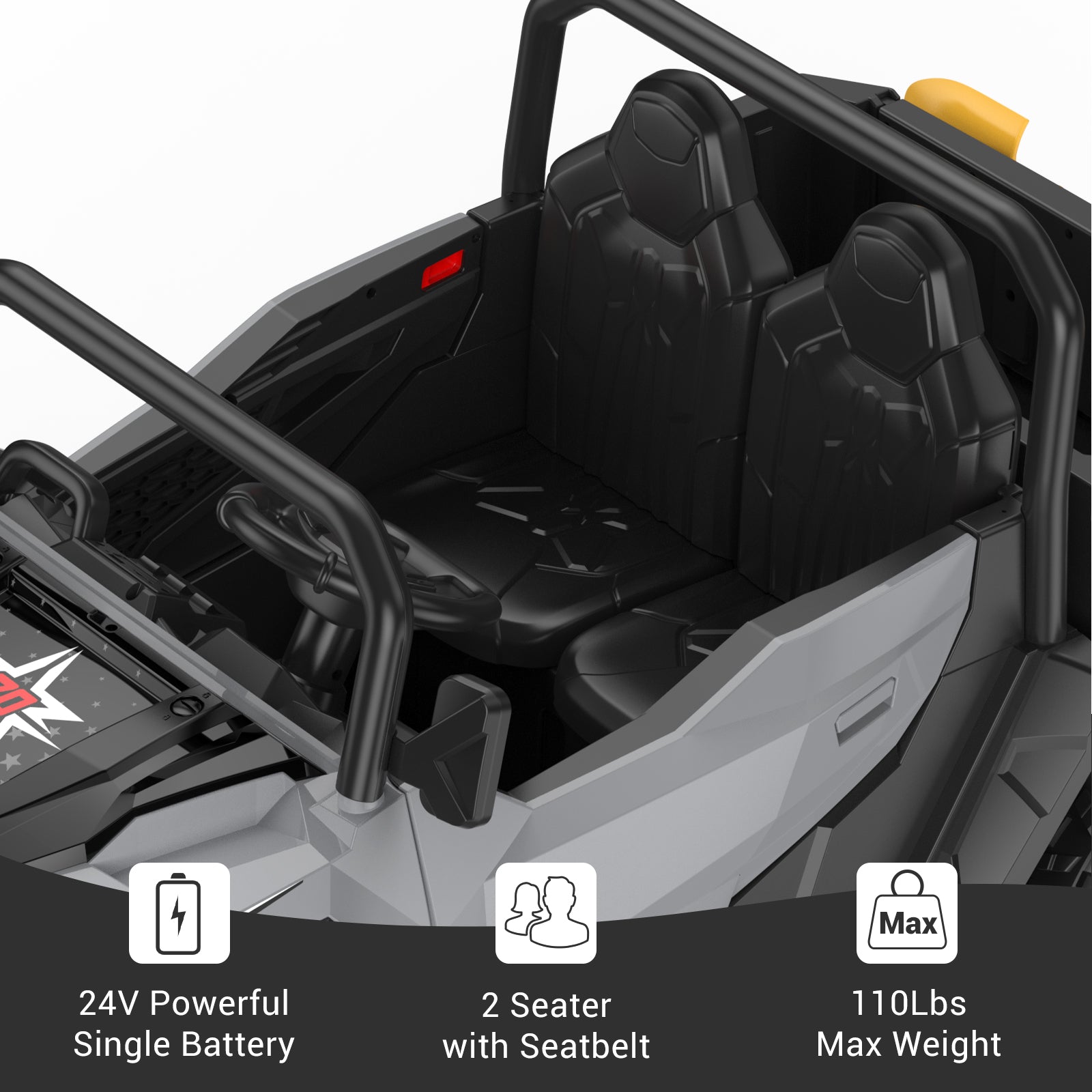 24V Powerful Single Battery, 2 Seater with Seatbelt, 110 Lbs Max Weight