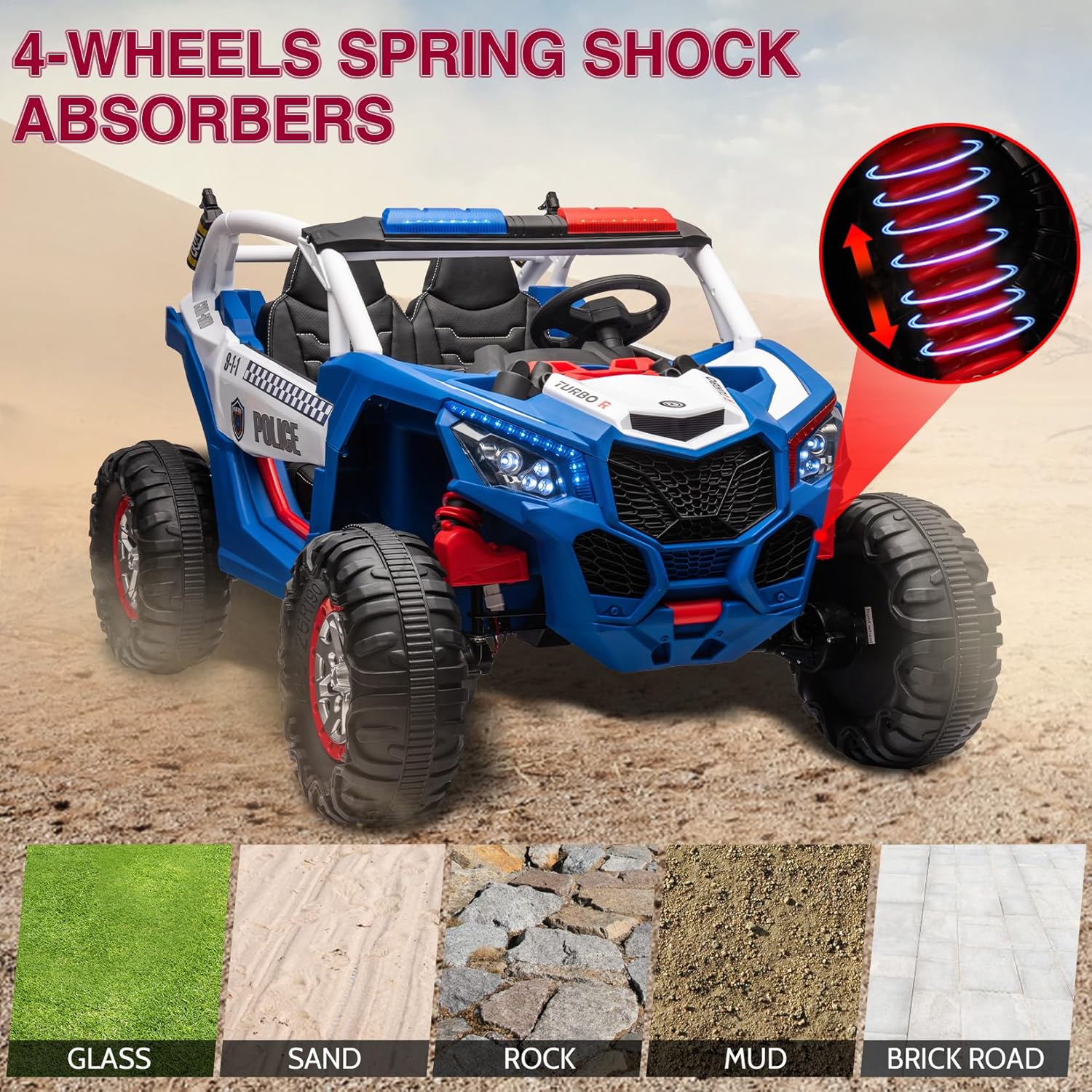4-Wheels Spring Shock Absorbers on Blue Police Buggy for Grass, Sand, Rock, Mud, Brick