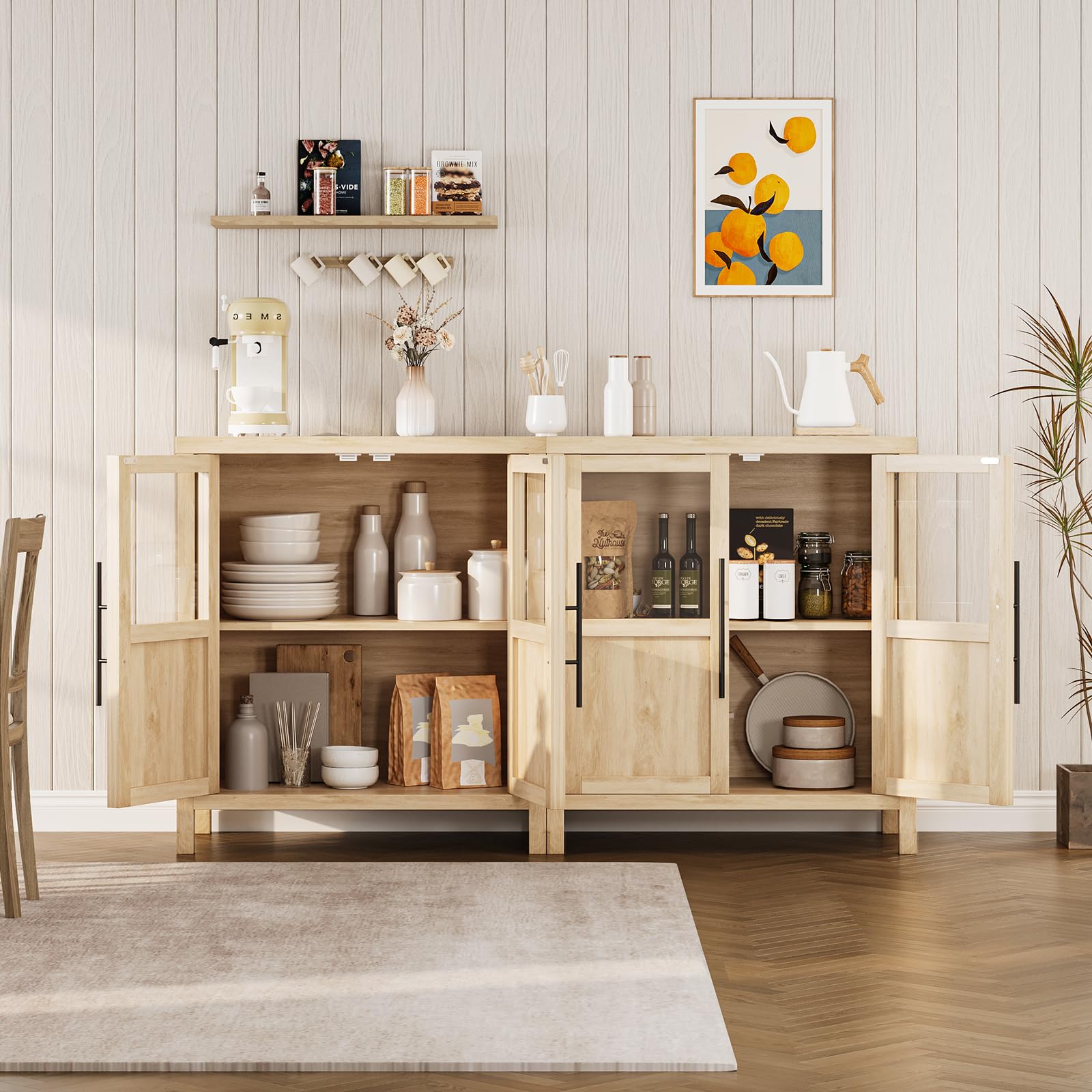 Side-by-Side Dual Cabinet Storage Layout for Kitchen Cookware, Bottles, and Dishware