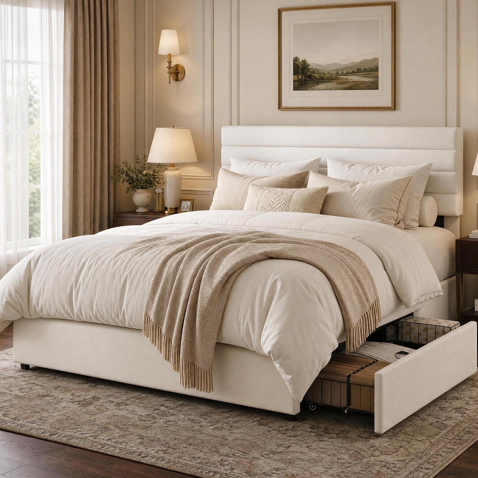 Warm Cozy Master Bedroom Setting with Velvet Storage Platform Bed