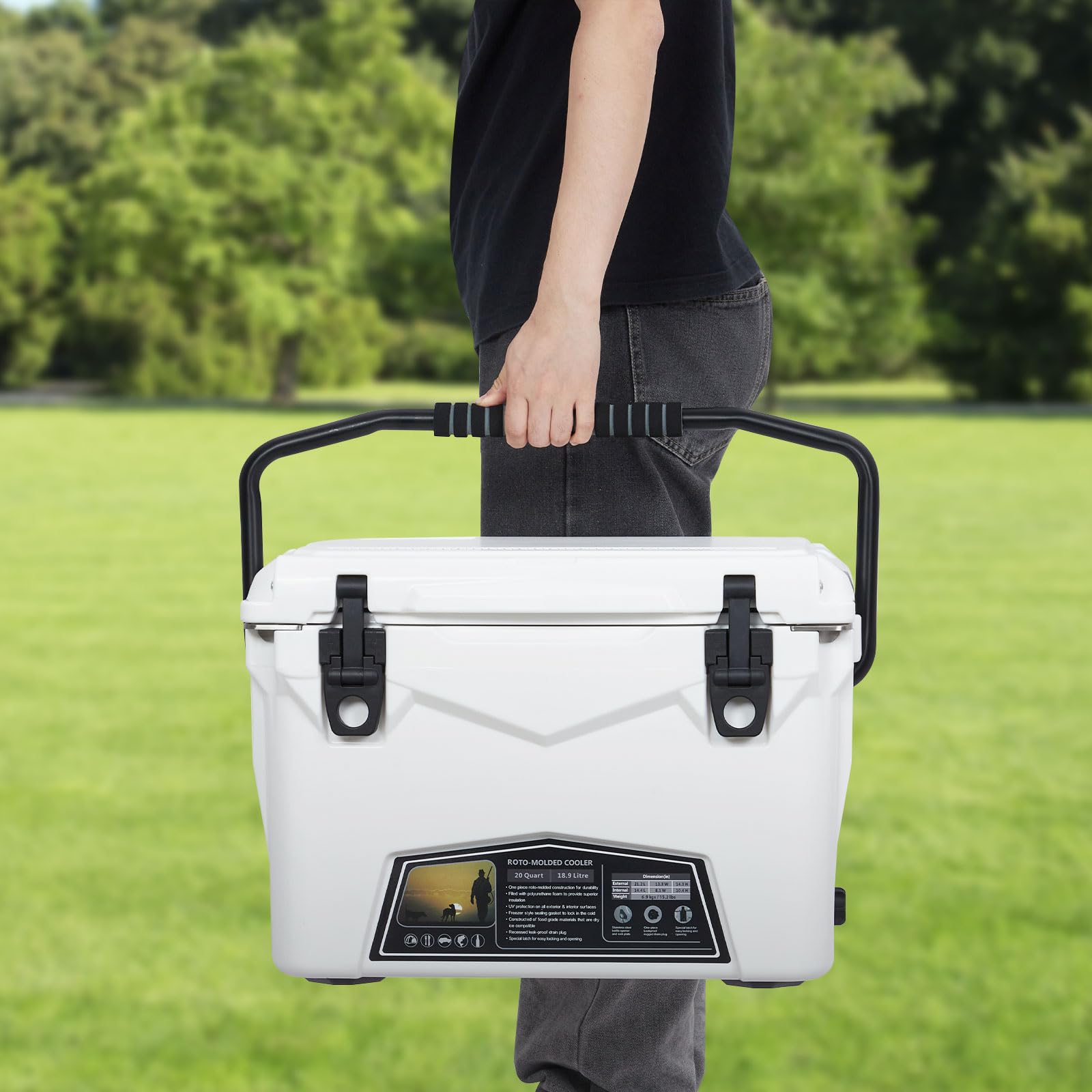 Carrying GARVEE rotomolded cooler by foam padded handle