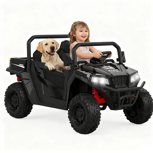 Kids Riding Black 24V UTV with Pet in Backyard