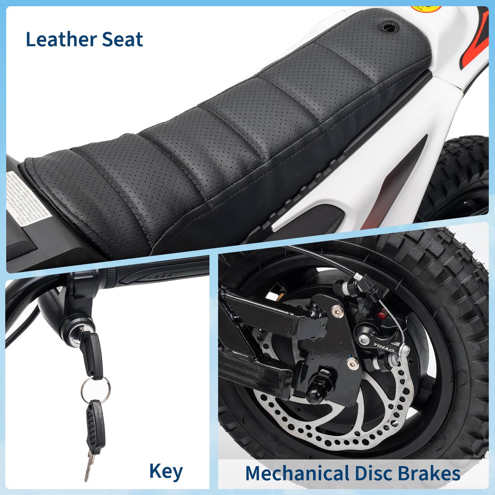 Leather Seat, Key Ignition, and Mechanical Disc Brakes Close-up