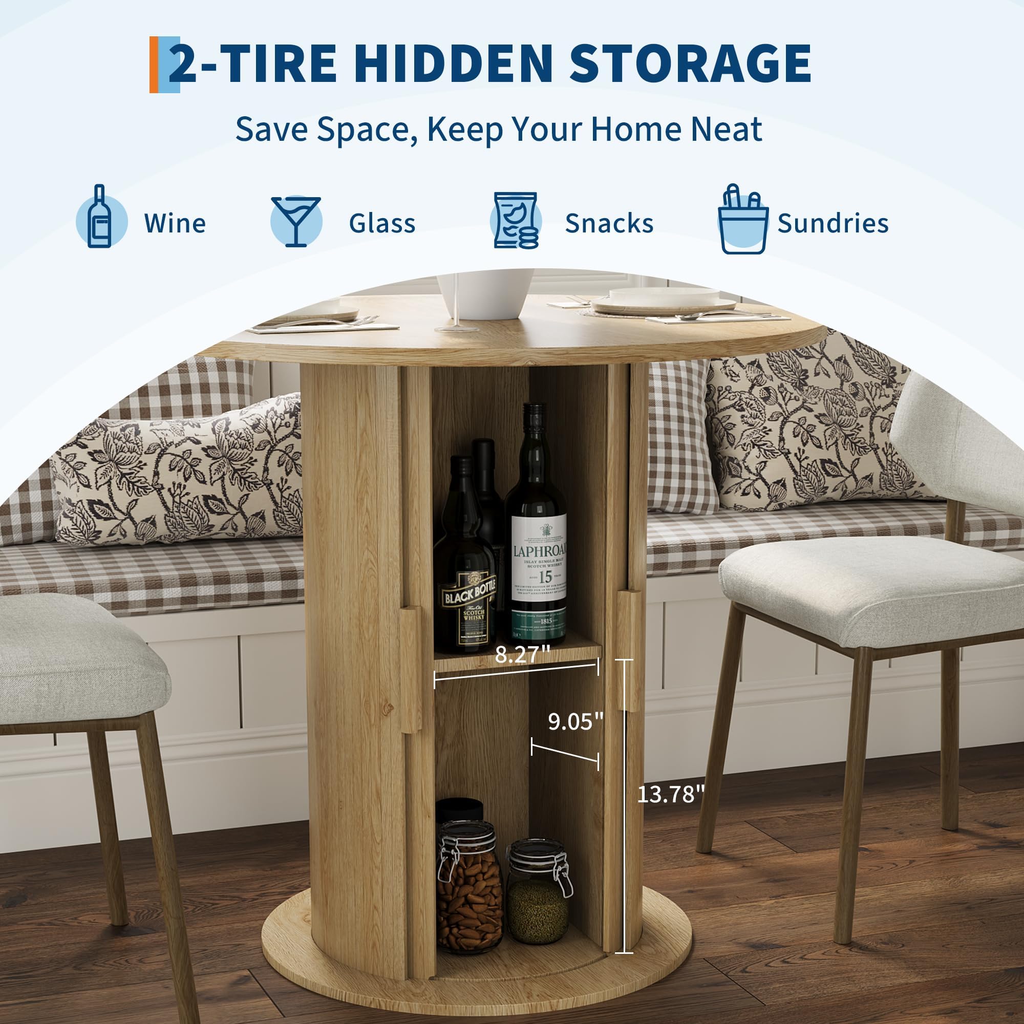 2-Tier Hidden Storage for Wine, Glass, Snacks, and Sundries - Internal Dimensions 8.27″W × 9.05″D × 13.78″H