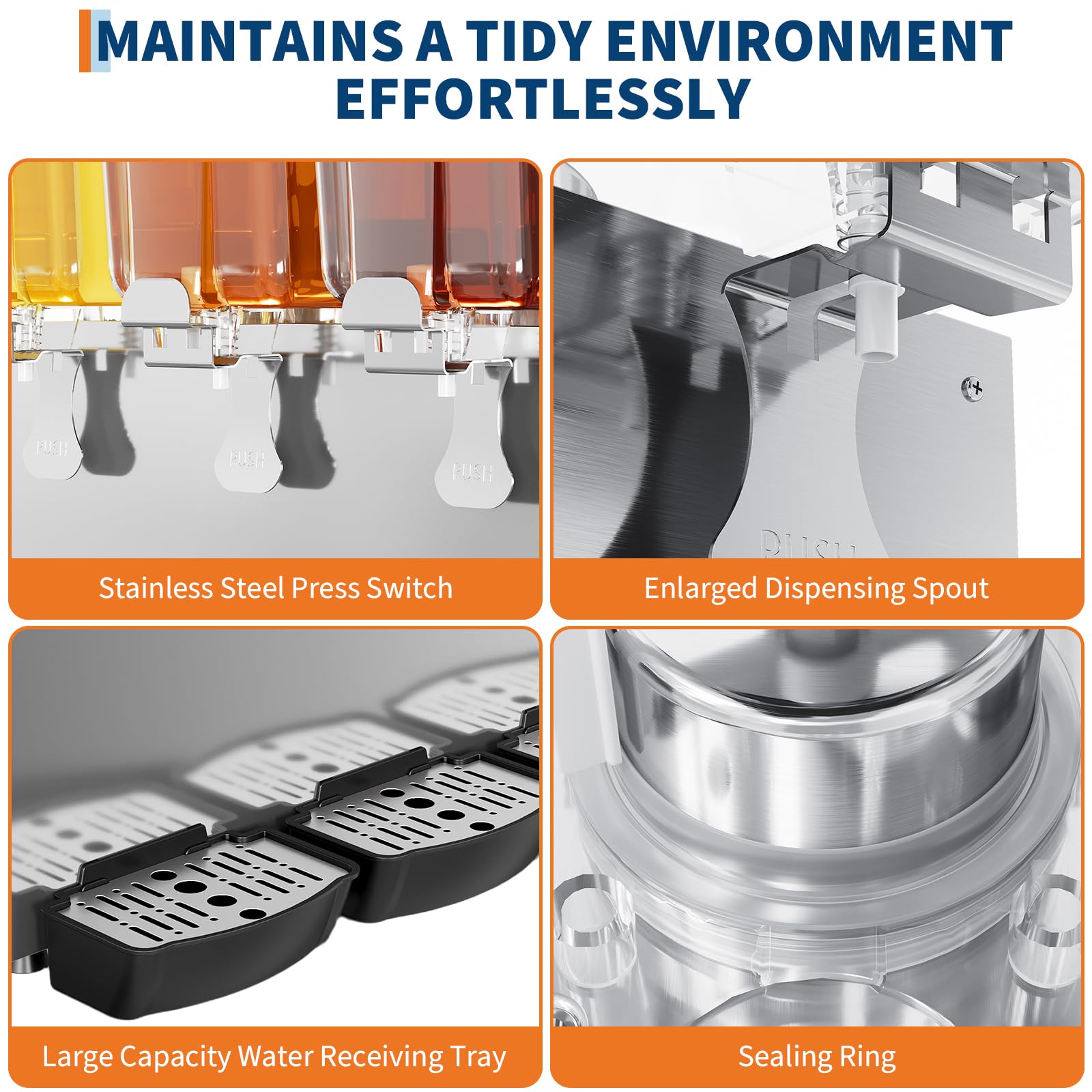Effortless environment: Stainless Steel Press Switch, Enlarged Spout, Large Capacity Water Tray