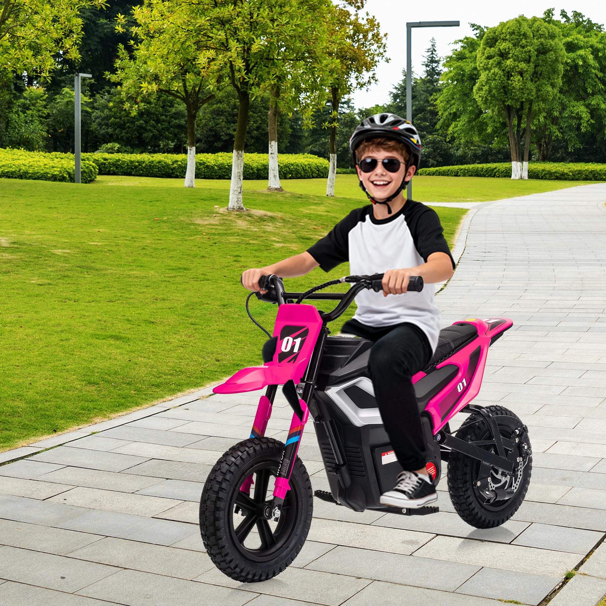 Kid Cruising on Pink Dirt Bike along Park Paved Walkway