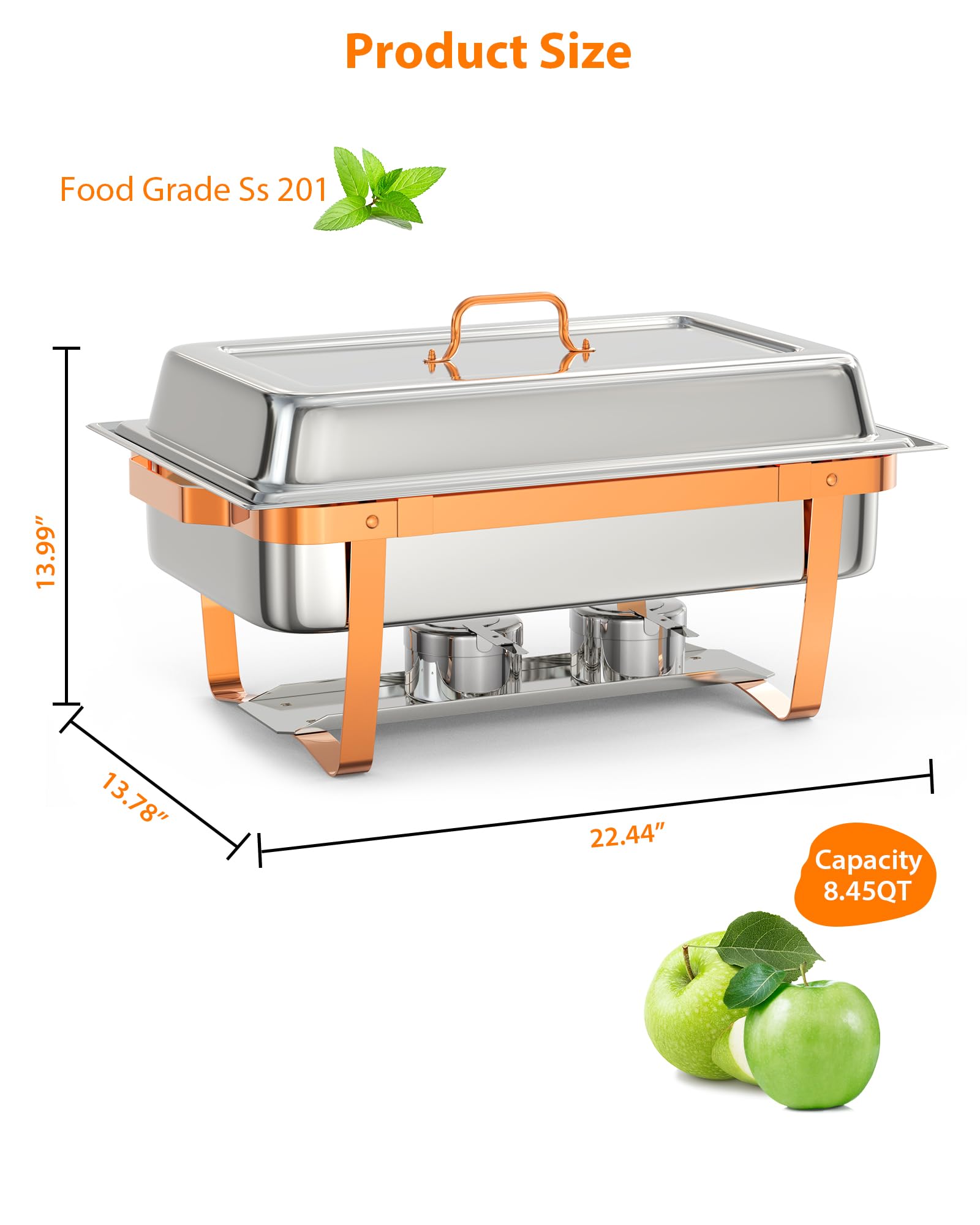 Product Size: 22.44″ Length, 13.78″ Width, 13.99″ Height, 8.45 QT Capacity, Food Grade SS201 Stainless Steel
