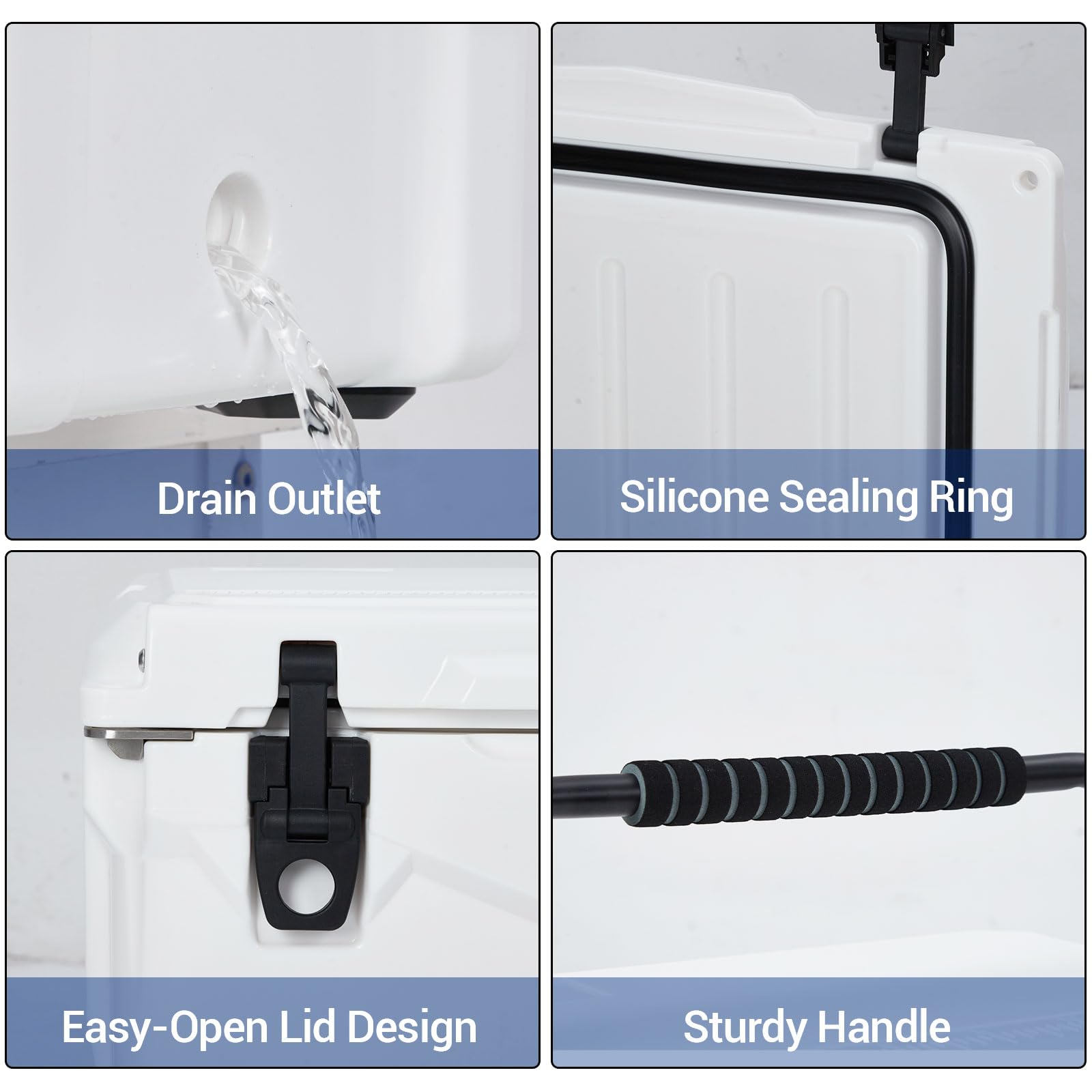 GARVEE cooler details: Drain Outlet, Silicone Sealing Ring, Easy-Open Lid Design, Sturdy Handle