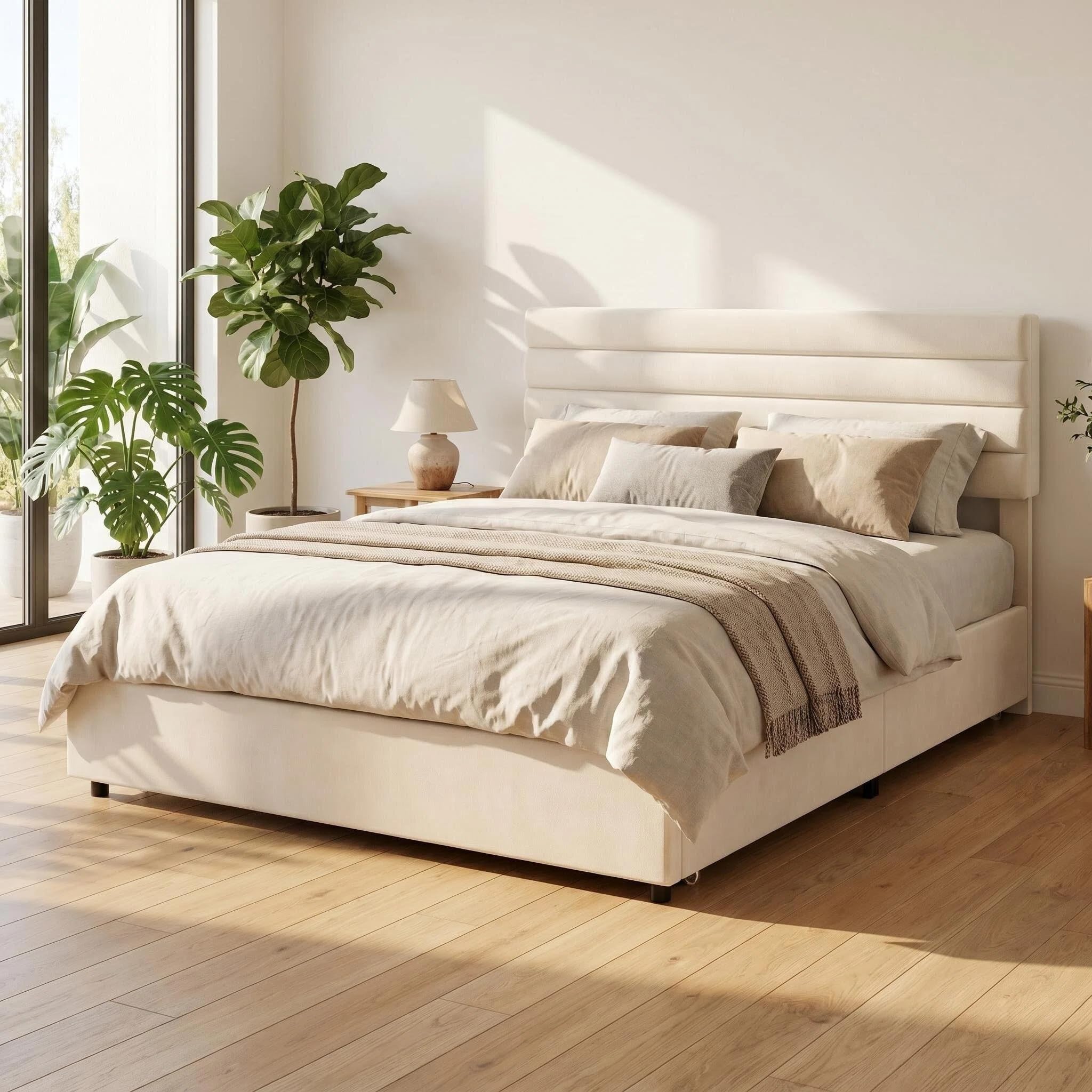 Sunlit Bedroom with Modern Minimalist Cream Upholstered Bed Frame