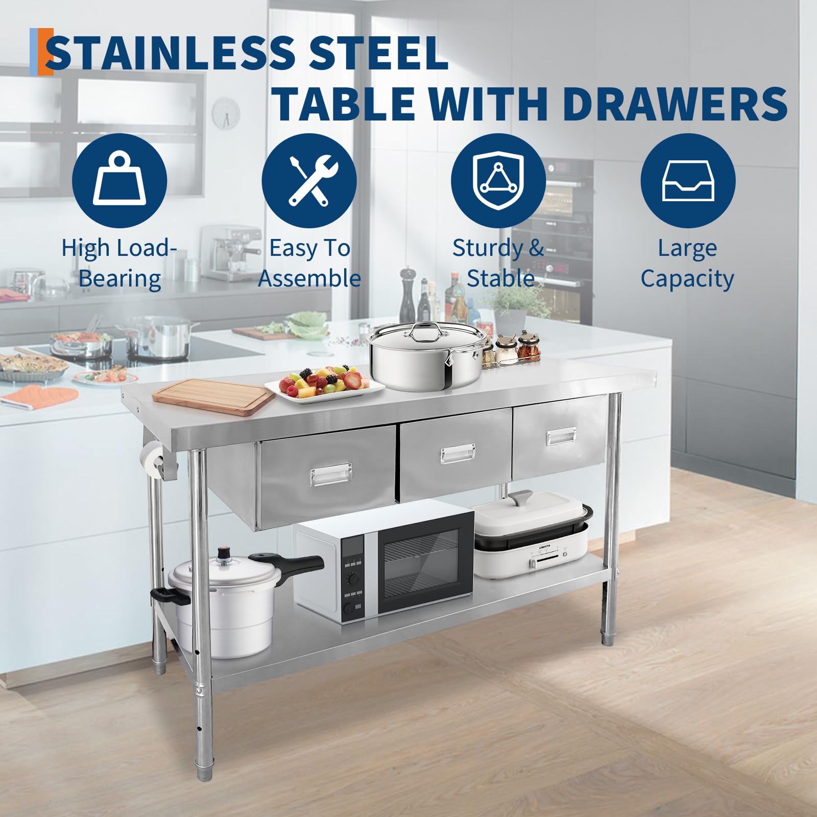 Stainless Steel Table with Drawers - High Load-Bearing, Sturdy & Large Capacity