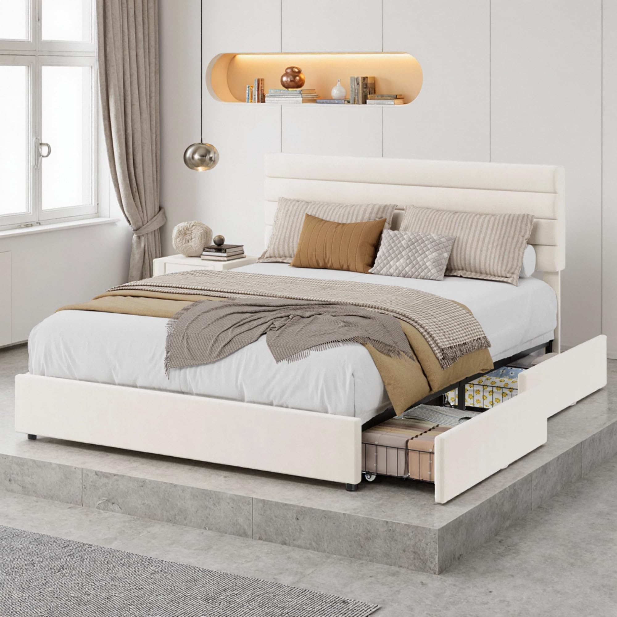 Queen Velvet Bed Frame with 4 Storage Drawers Extended in Modern Room Interior