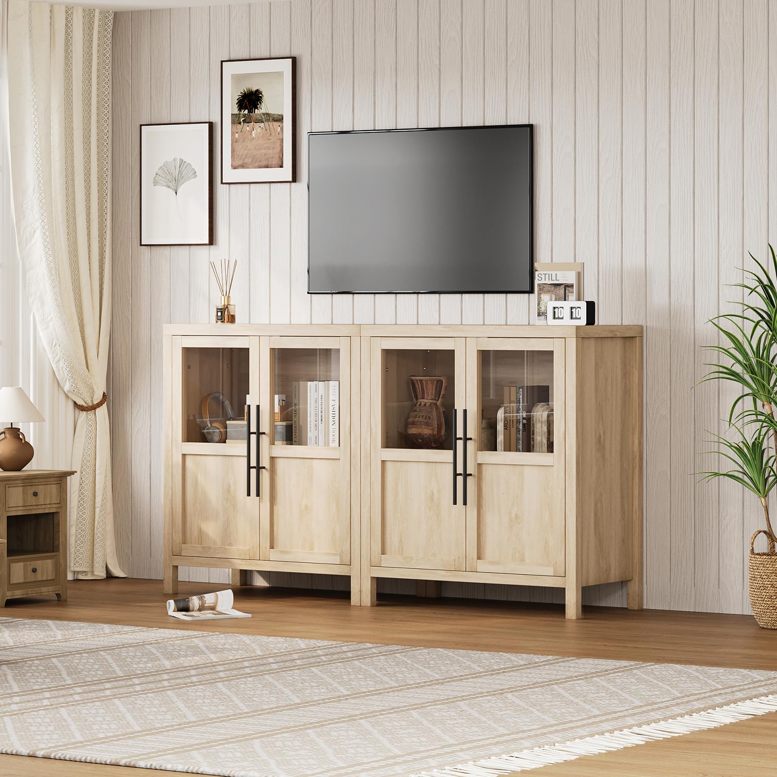 Living Room Accent Console Cabinet and Bookshelf below TV Setup