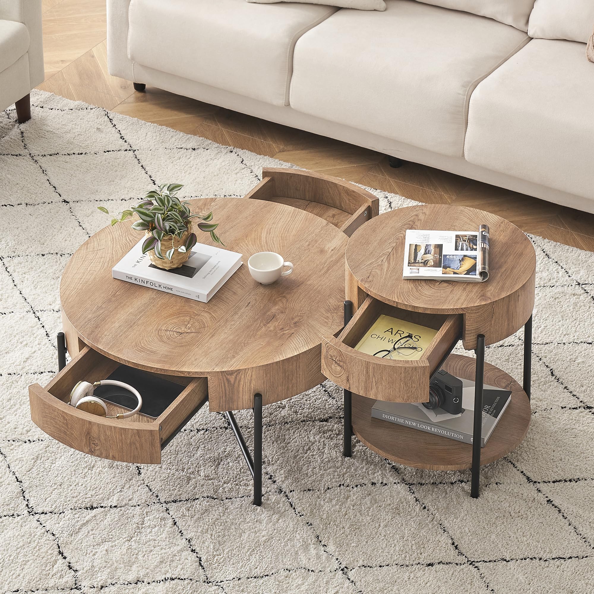 Multi-Tier Functional Living Room Coffee Table Setup with Deep Storage Drawers