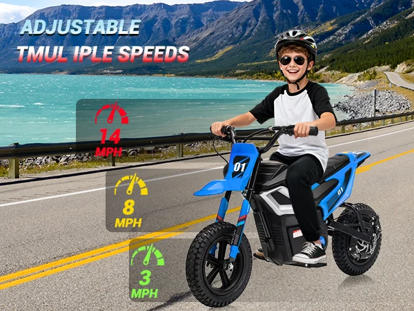 Adjustable Multiple Speeds 3 MPH 8 MPH 14 MPH on Youth Electric Dirt Bike