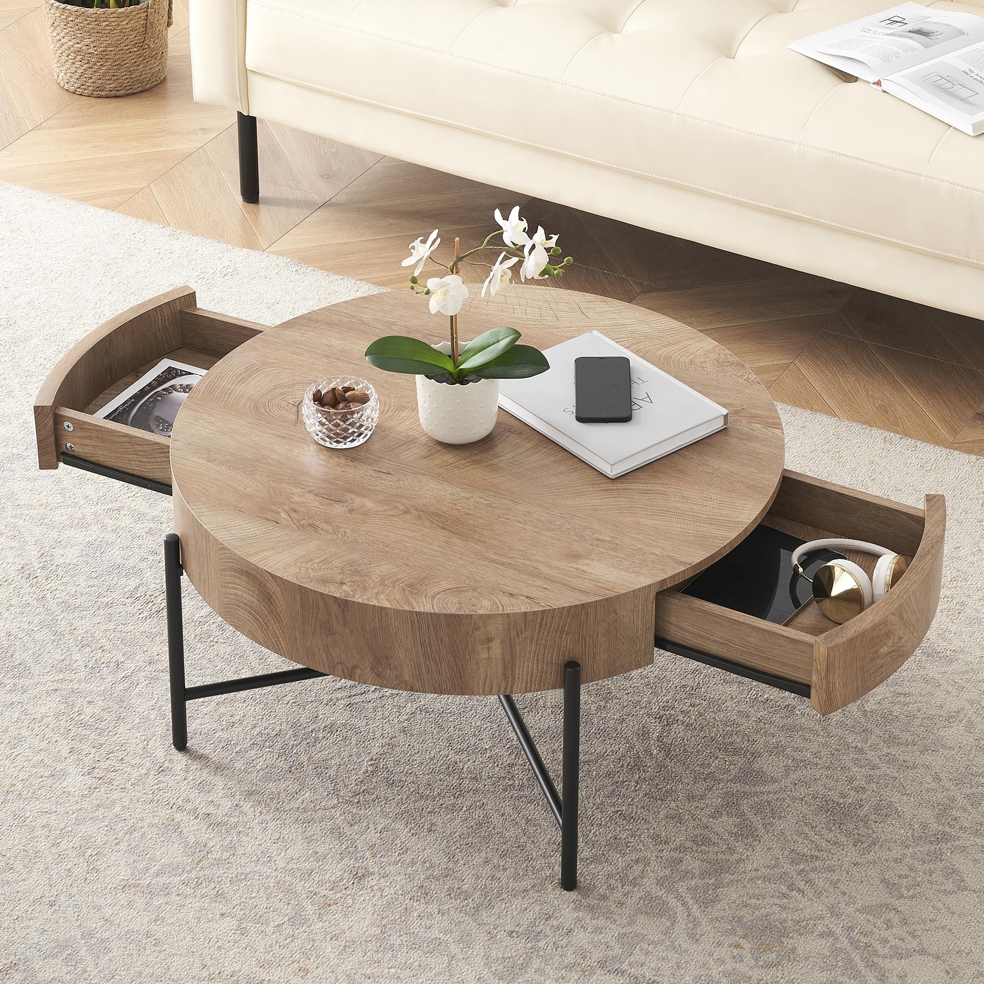 Round Coffee Table with Two Opposing Storage Drawers Open for Easy Living Room Organization