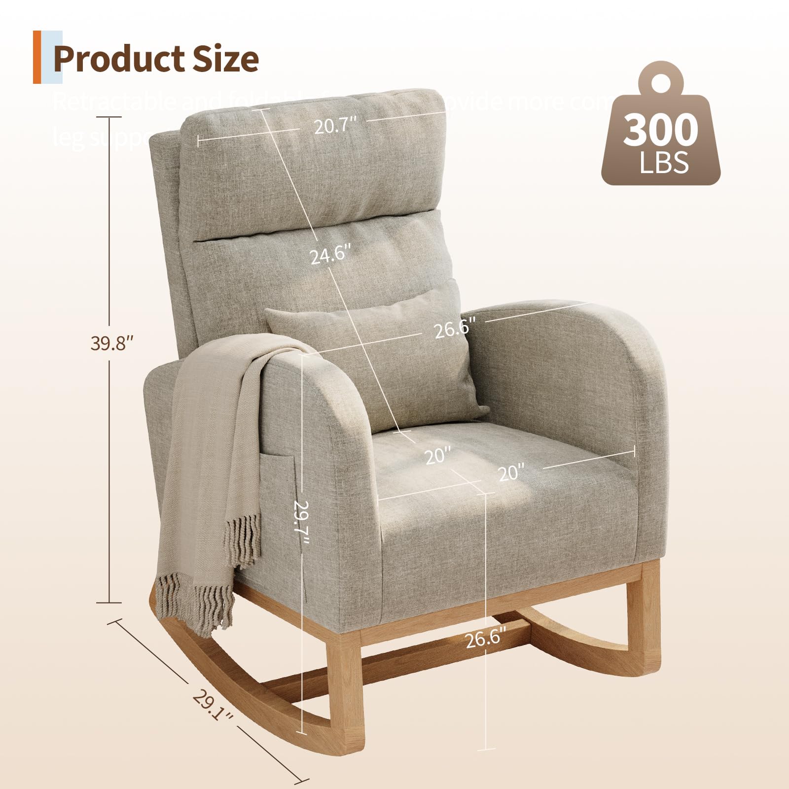 Product Size Diagram - 26.6″W × 29.1″D × 39.8″H Rocking Chair and 300 LBS Weight Capacity