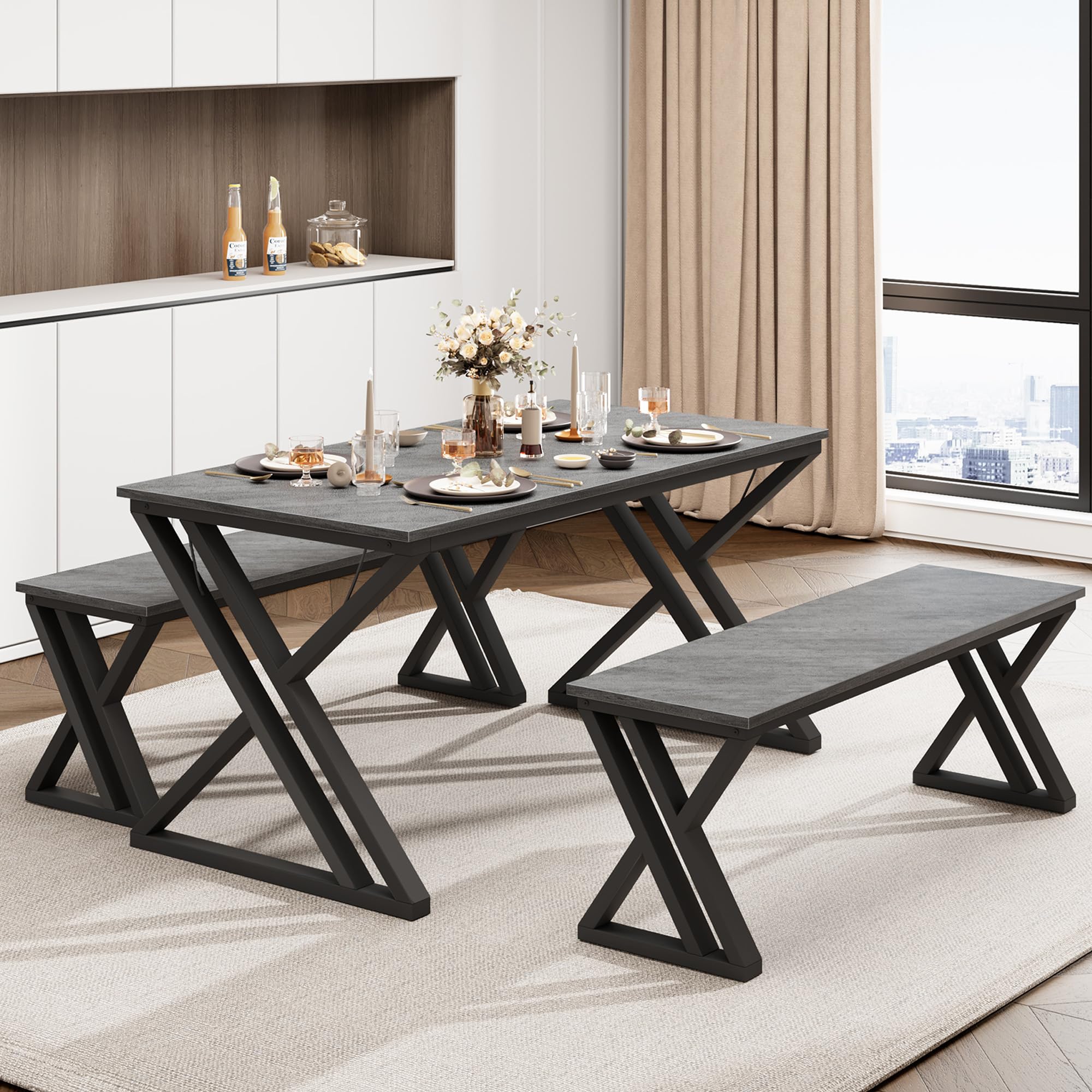 Modern Industrial 3-Piece Dining Table Set with Benches - PHO_16DU3J57