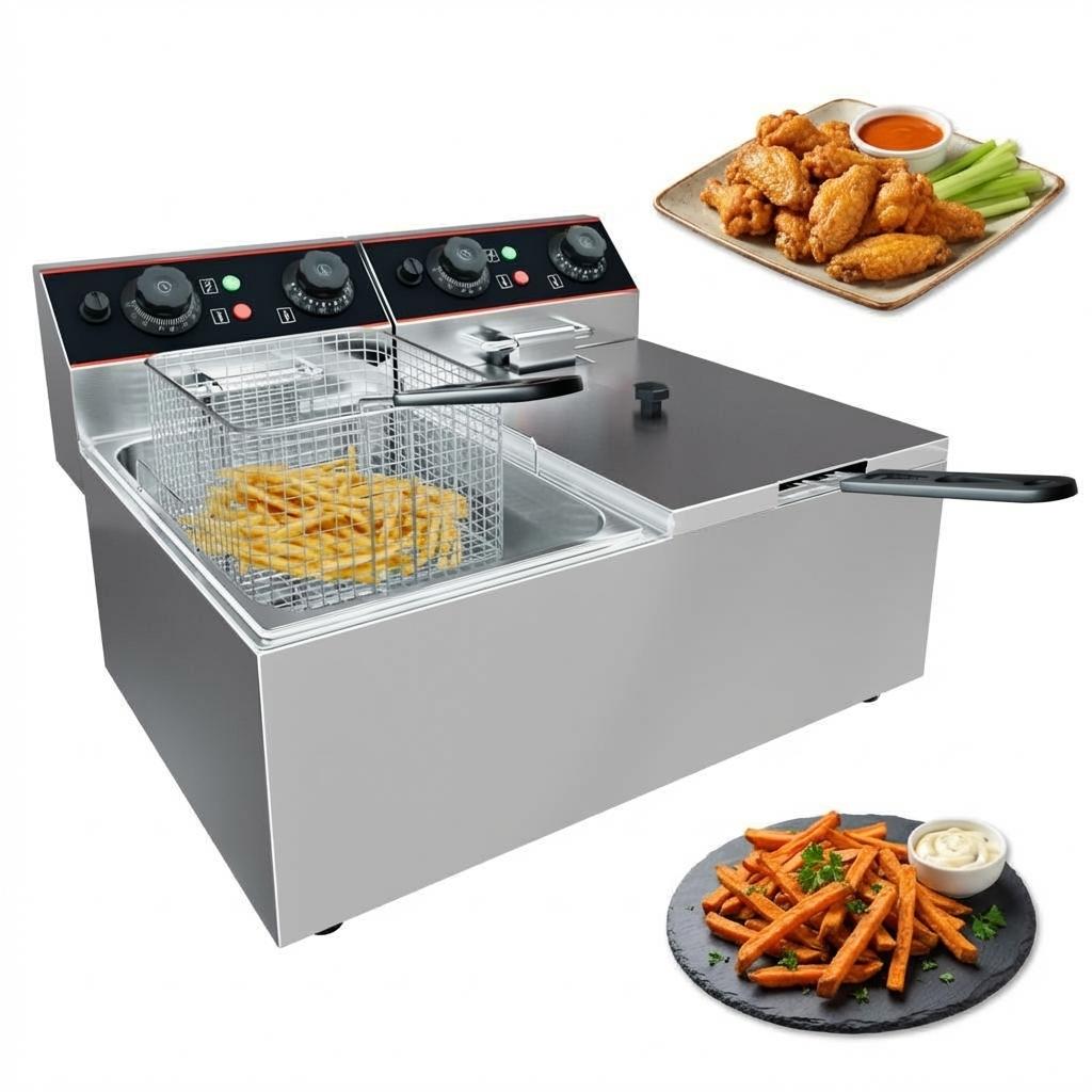 Commercial Double Tank Deep Fryer with Wings and Fries
