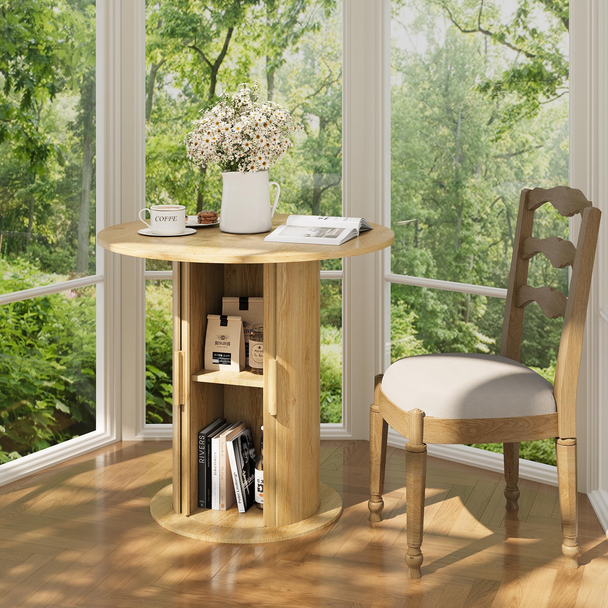 Natural Oak Round Pedestal Table in Sunlit Bay Window Dining Corner