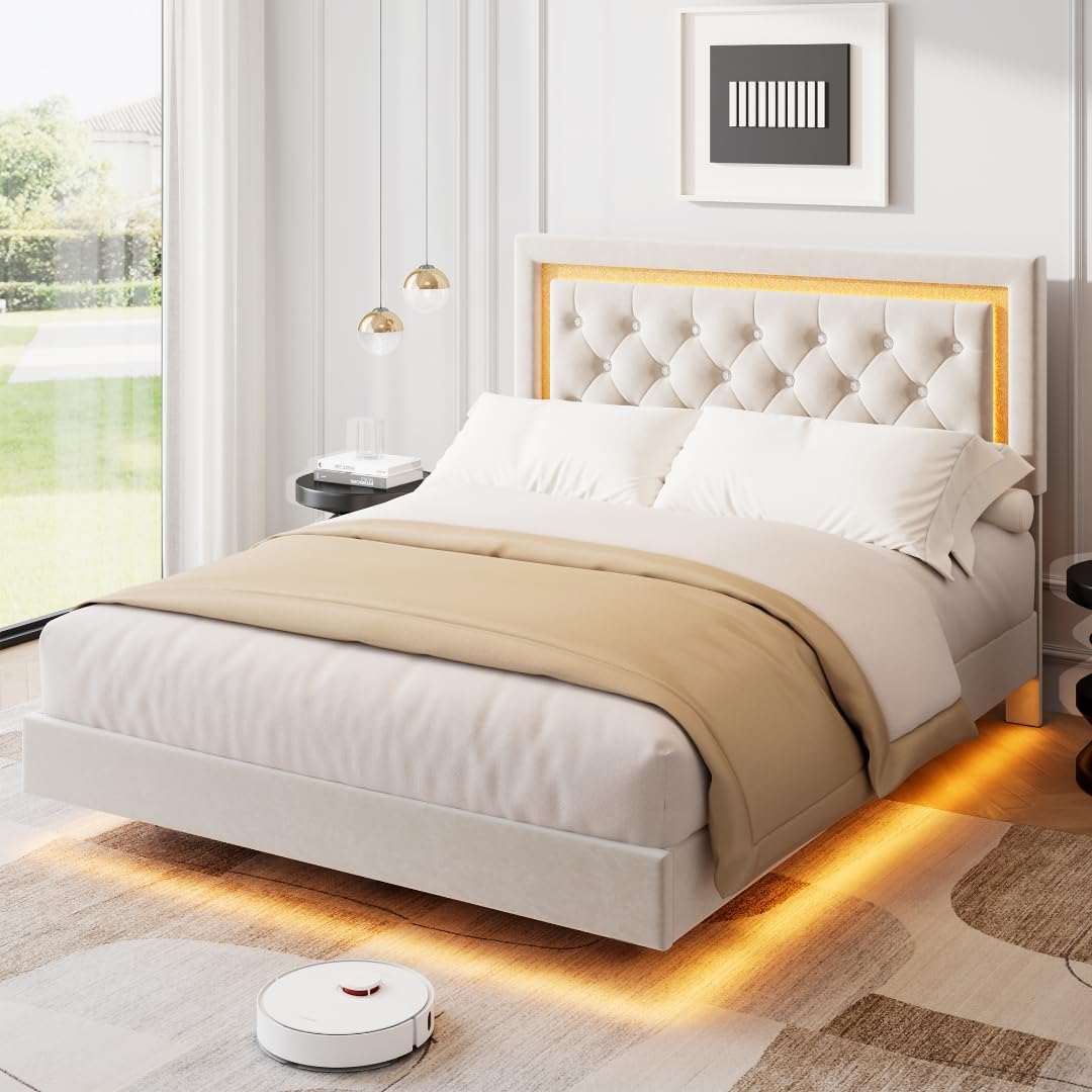 Upholstered Diamond Floating Bed Frame with Ambient LED Lights - PHK_363DER4K