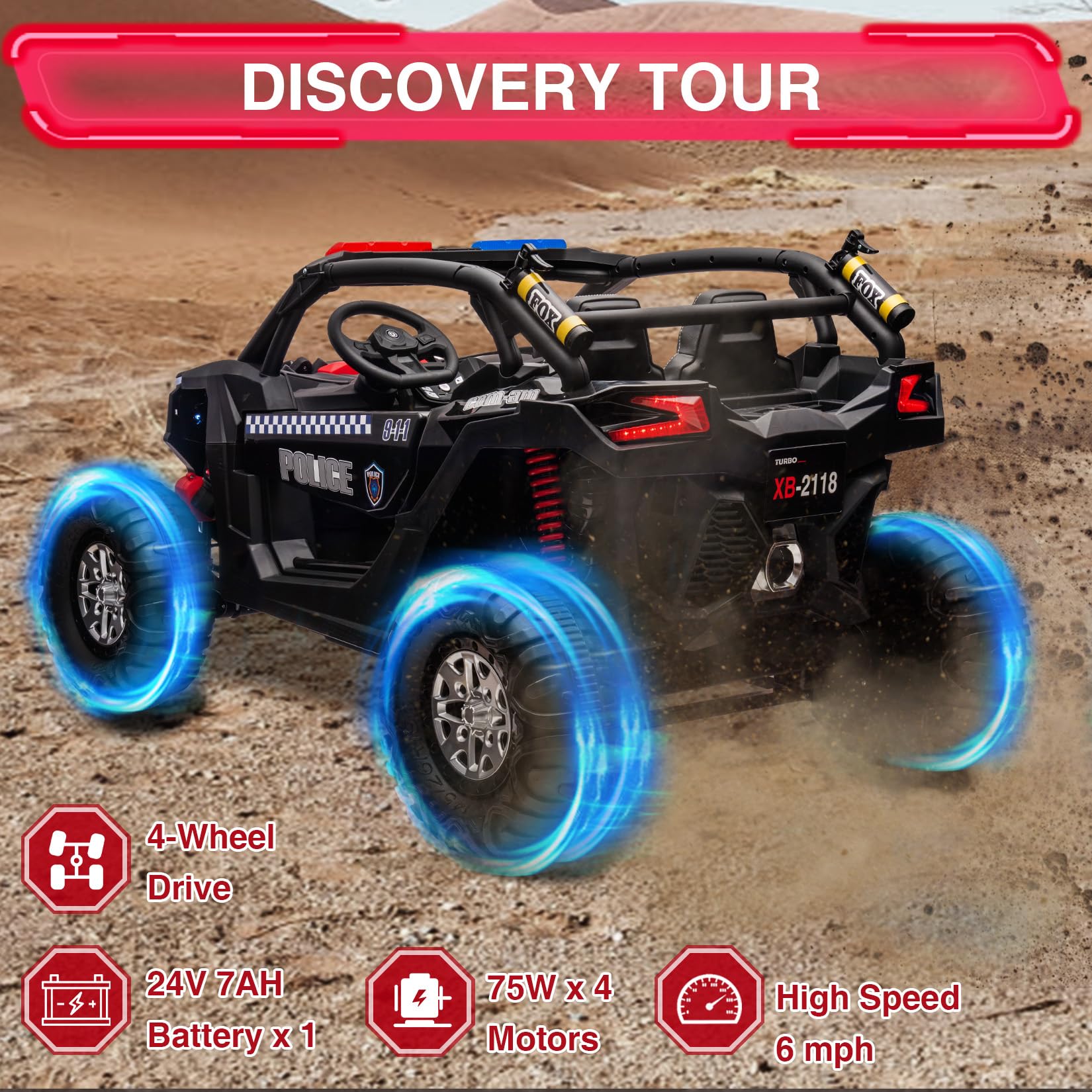 GARVEE 24V 4WD Kids Ride-On Police Buggy Discovery Tour