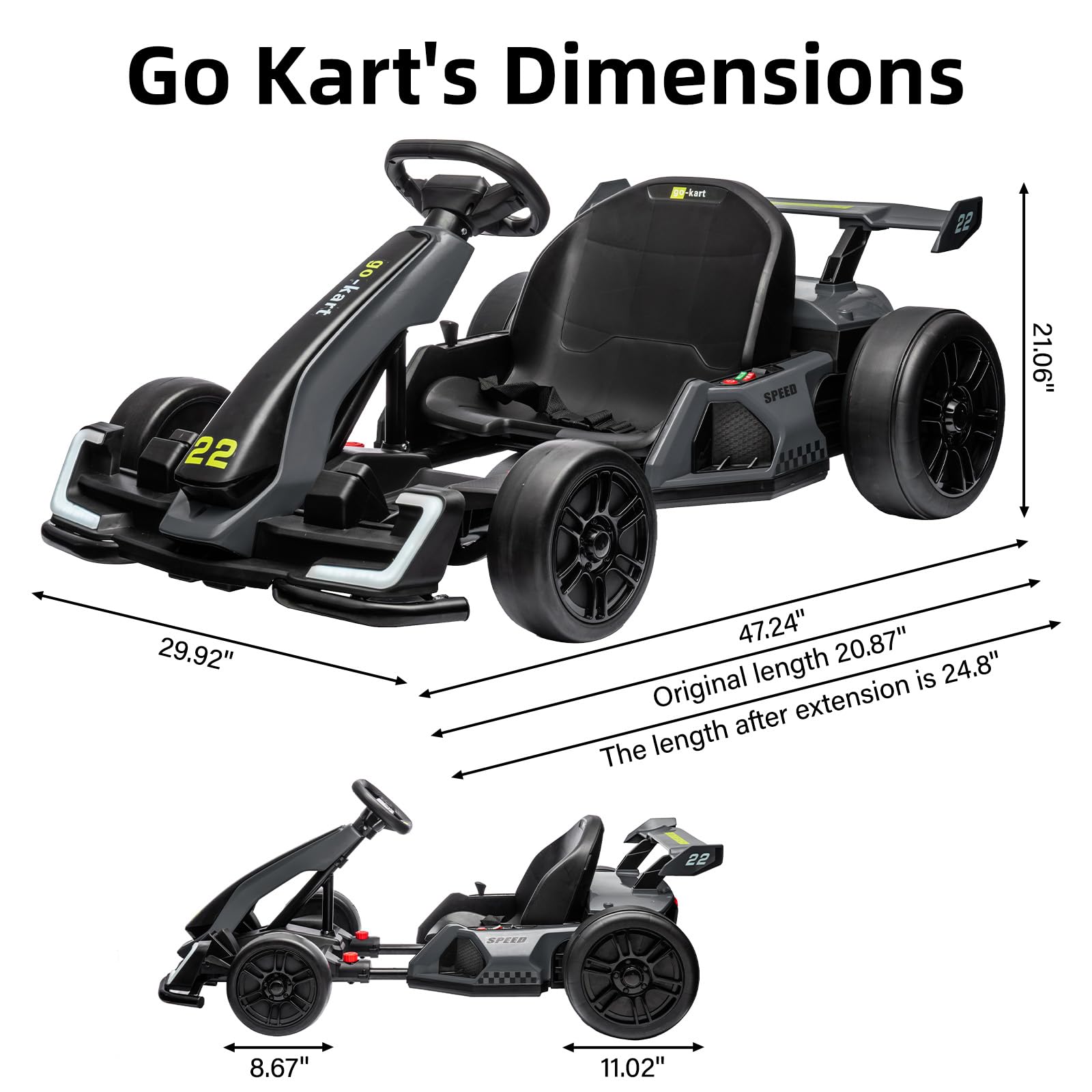 Go Kart Dimensions - 47.24 x 29.92 x 21.06 inches with expandable frame length